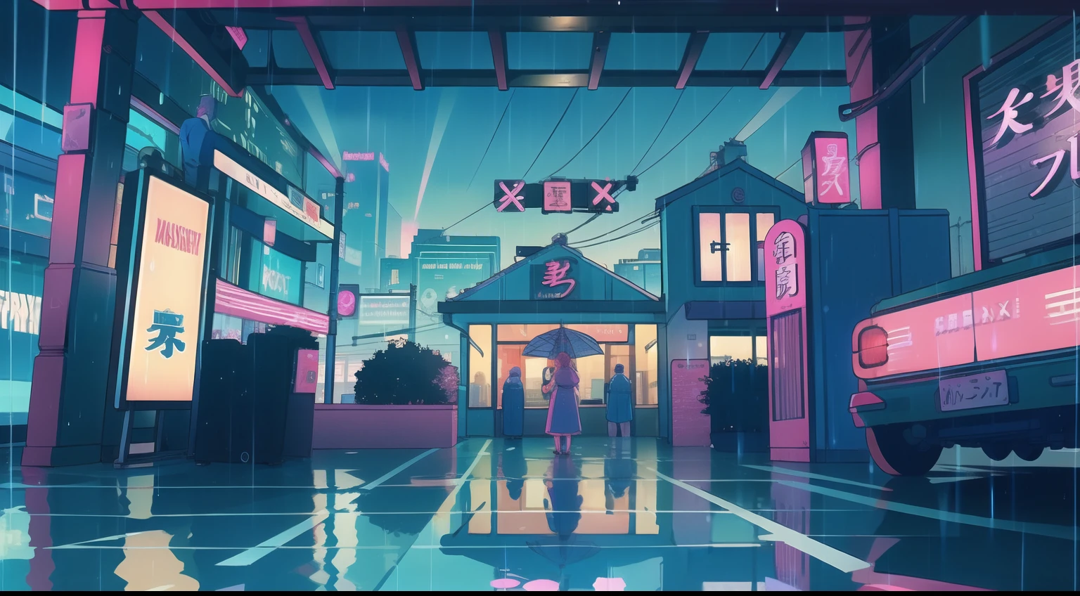 Rain-soaked street, Colorful umbrellas dot the cityscape with blue and pink splashes. Neon sign in retro style、Reflection of wet pavement, Establishment of the Lower Urban Symphony. Soft piano melodies set the mood, Evokes a calm and meditative atmosphere. a person々Flock to the cozy downtown area, While the rain is dancing outside、Drink hot drinks, Turn the city into a serene lofi,motor bikes,A city scape,nighttime scene