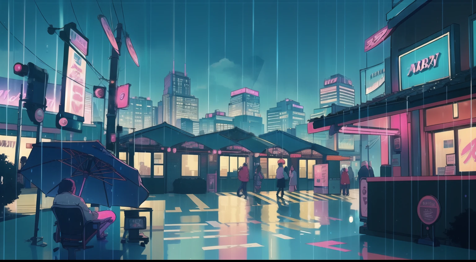 Rain-soaked street, Colorful umbrellas dot the cityscape with blue and pink splashes. Neon sign in retro style、Reflection of wet pavement, Establishment of the Lower Urban Symphony. Soft piano melodies set the mood, Evokes a calm and meditative atmosphere. a person々Flock to the cozy downtown area, While the rain is dancing outside、Drink hot drinks, Turn the city into a serene lofi,motor bikes,A city scape,nighttime scene