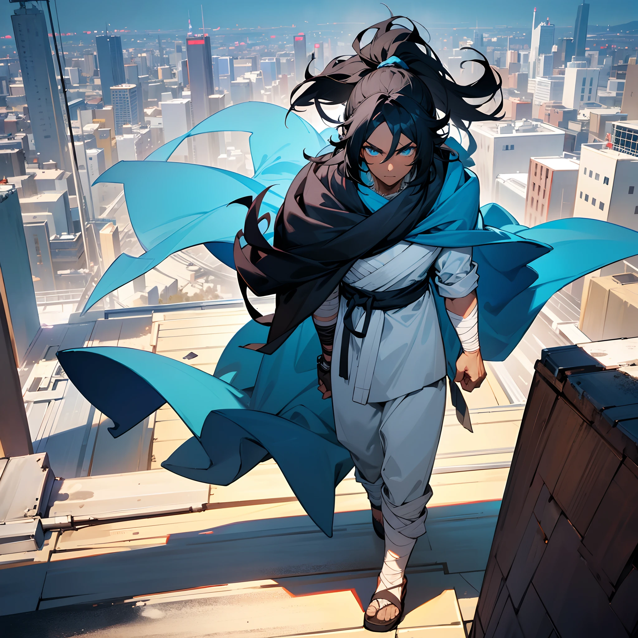 1male, young adult, messy medium length black hair in ponytail, bright blue eyes, walking down path, casual clothes, dark skin, bandages wrapped around arms, best light and shadows, large city, rooftop, oversized fur hood