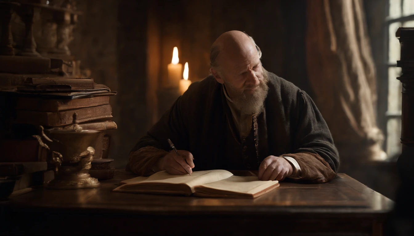 a puritanical man, sitting at his desk, in his medieval library,pen in hand, writing furiously, surrounded by dusty old books and flickering candlelight,absorbed in deep thought and contemplation.(best quality,4k,highres),ultra-detailed,realistic artstyle,crimson color palette,soft, warm lighting,antique wooden furniture,vintage parchment scrolls,meticulous details, peaceful ambiance,intense focus.