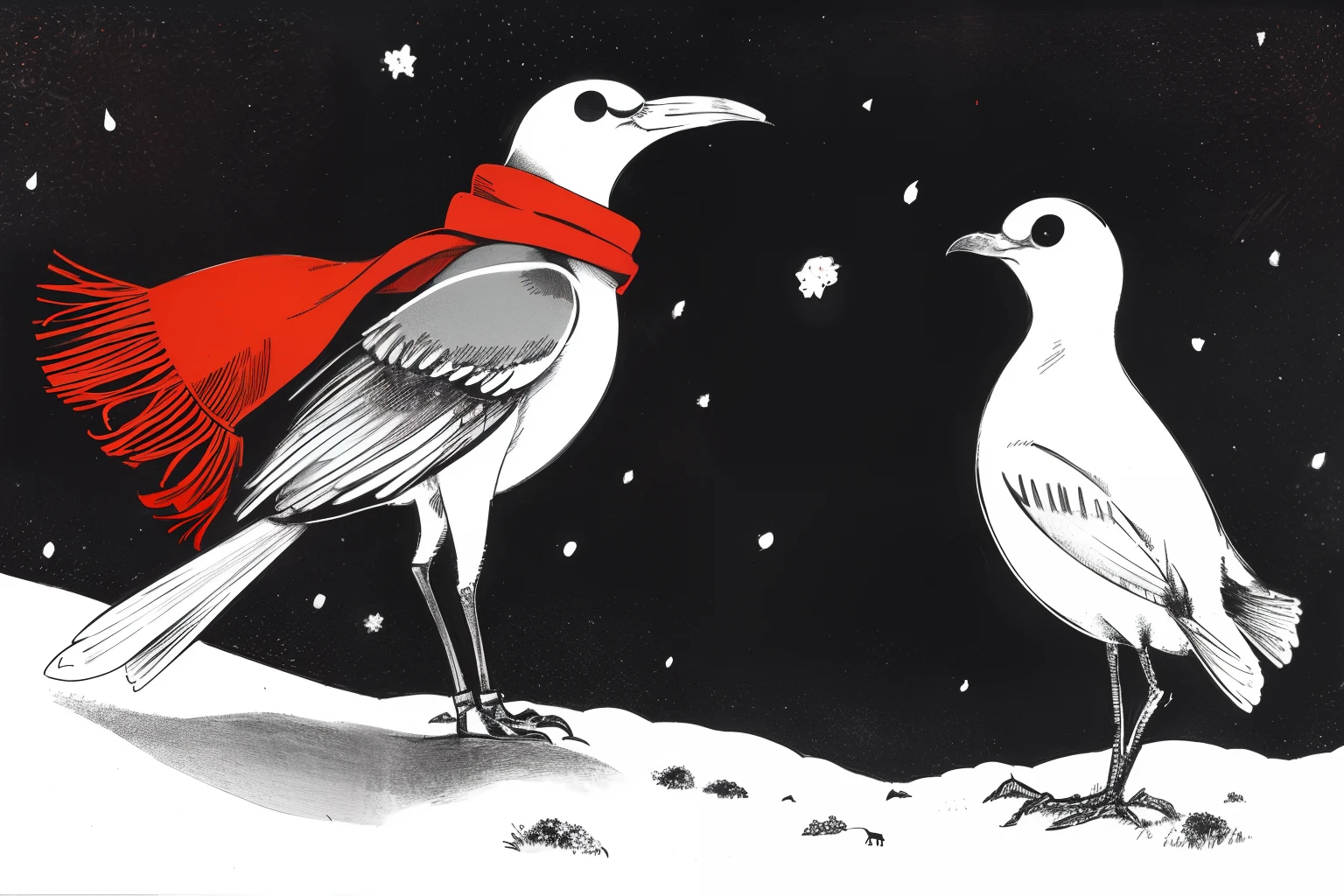 masterpiece, best quality, 1girl, red scarf on wind, standing, winter, snow storm, wind, heavy snowfall, tundra, marsh, red berries, grey, white, dark, night, starry sky, giant white bird in the sky, tribal, ethnic, native inuit, sketch