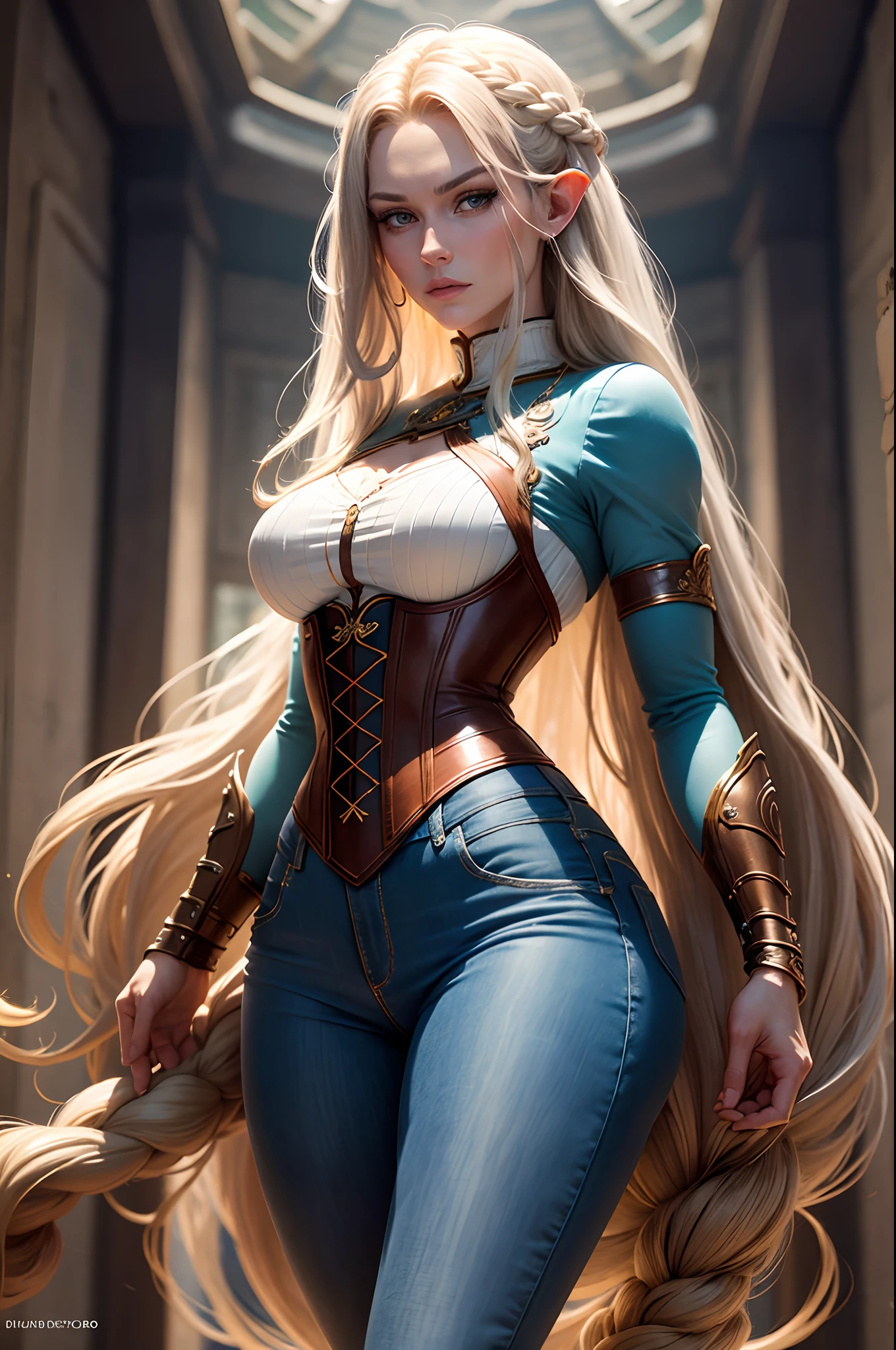 Alyssa Sutherland, 29 anos, like a pale mythological ELFA wearing light blue jeans, blusa jeans mangas longas detalhes dourados, tight jeans, tight jeans, GAUNTLET de couro marrom, cinto marrom, CORSET de couro marrom, coxas torneadas, strong facial expression, look at the camera, olhos claros, long braided hair, orelhas de ELFO expostas, orelhas de Elfo compridas, corpo atletico, musculatura definida, Mulher Destemida, Body position of greatness, perspectiva de corpo inteiro, Vista lateral do corpo, floresta, Imagem 64K altamente detalhada