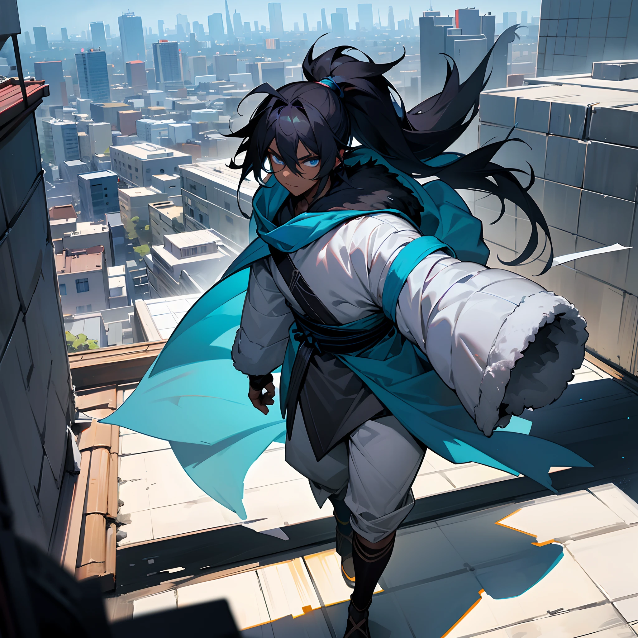 1male, young adult, messy medium length black hair in ponytail, bright blue eyes, walking down path, casual clothes, dark skin, bandages wrapped around arms, best light and shadows, large city, rooftop, oversized fur hood
