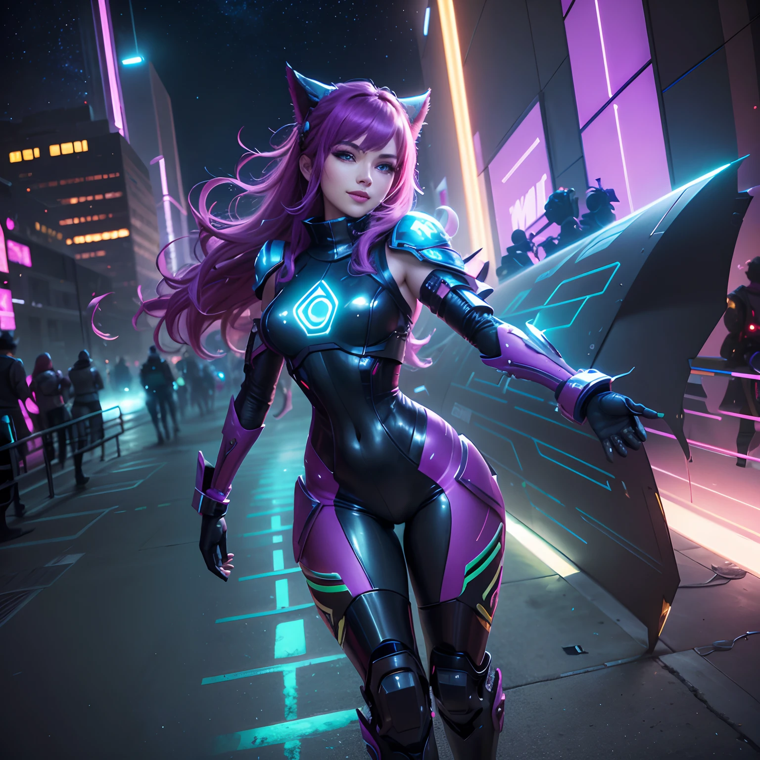 KDA WildRift, solo, Akali with Kaisa with Evelyn with Ahri, sci-fi, full armor, wear robotic sci-fi armor, glowing costume, smile, Flirty eyes, aura full color, fighting pose, sci-fi city background, glow building, full light, fullcolor building, stars in the night, aurora