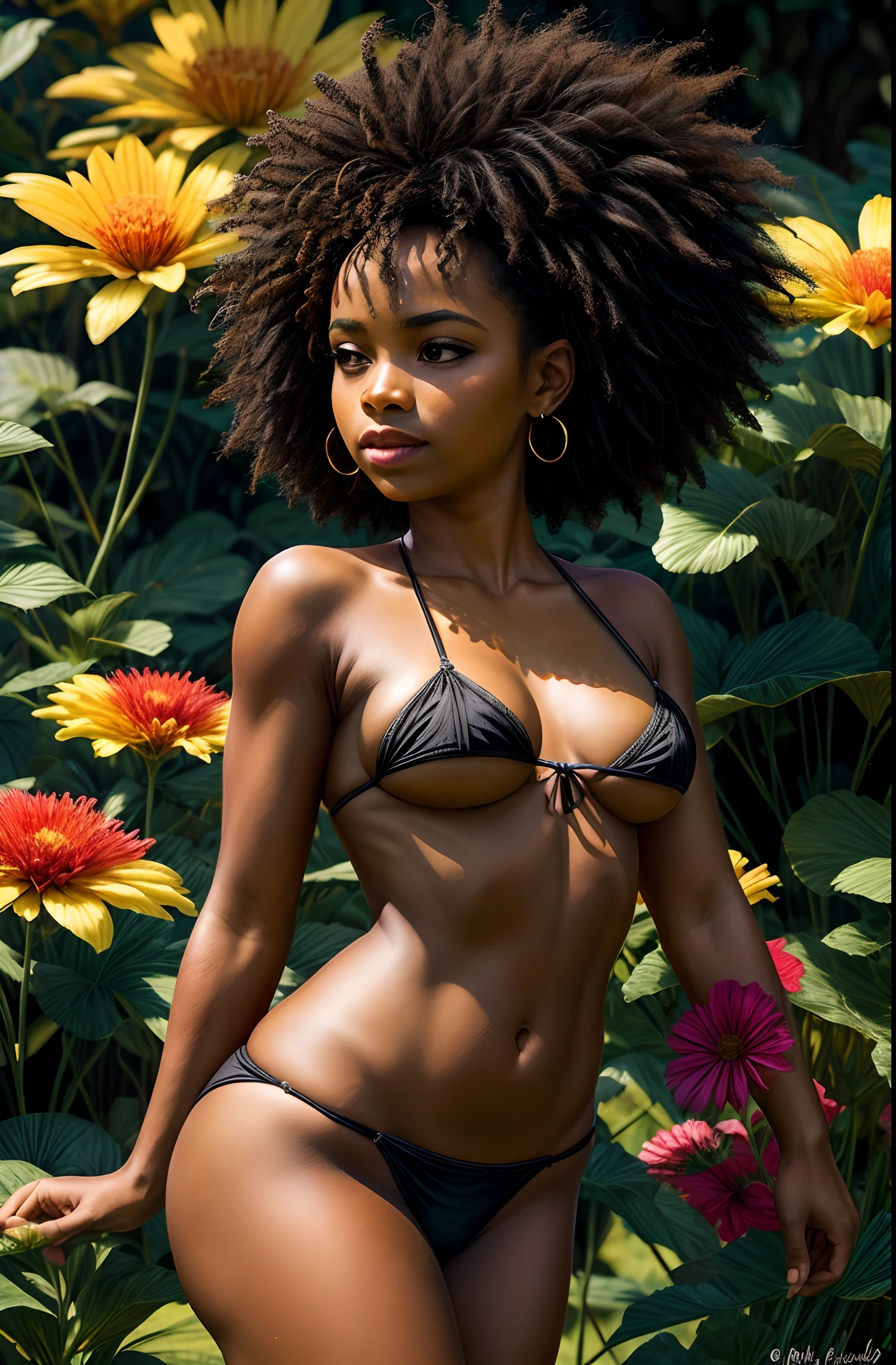 mulher negra,bicho, elegante, vivid colors, Atmospheric,sereno,uma linda lua cheia ao lado direito, elegante, Borboletas, flores florescendo, em movimento, Dramatic, corpo inteiro, organic composition,Detalhador Furtástico,Foto bruta 8K,afro-mulher