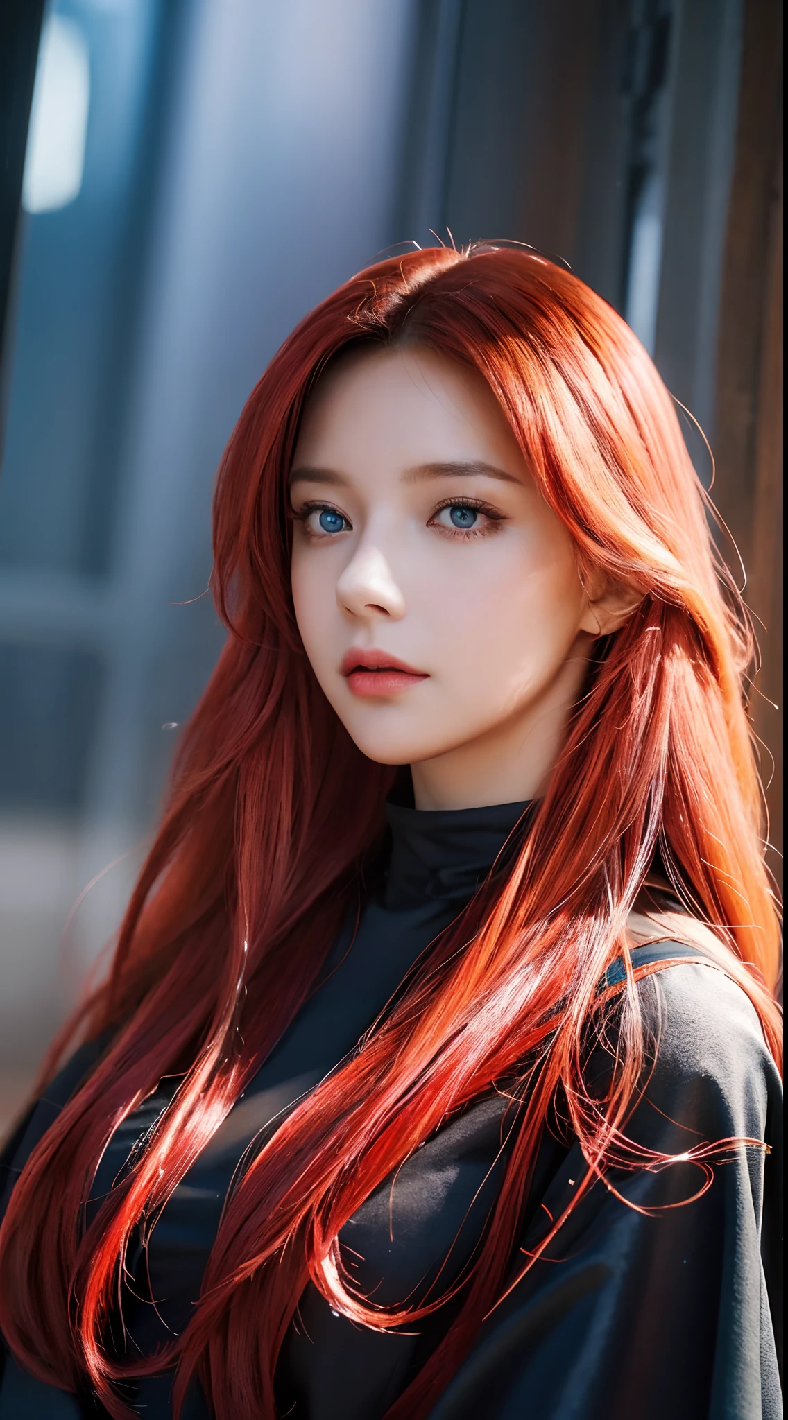 Best quality, 4K, high resolution, Masterpiece:1.2, super ultra detail, (Realistic, Photorealistic, photo-realistic:1.37), vibrant, Red and blue heterochromic eyes，Strong gaze，Mesmerizing eye contact，Fire-red iris，Dark blue shining stars，Shining pupils，Vivid colors，Portrait，Fantasy art，Magical red light，Ethereal beauty，Red color palette，Long yellow hair，Cloak like red