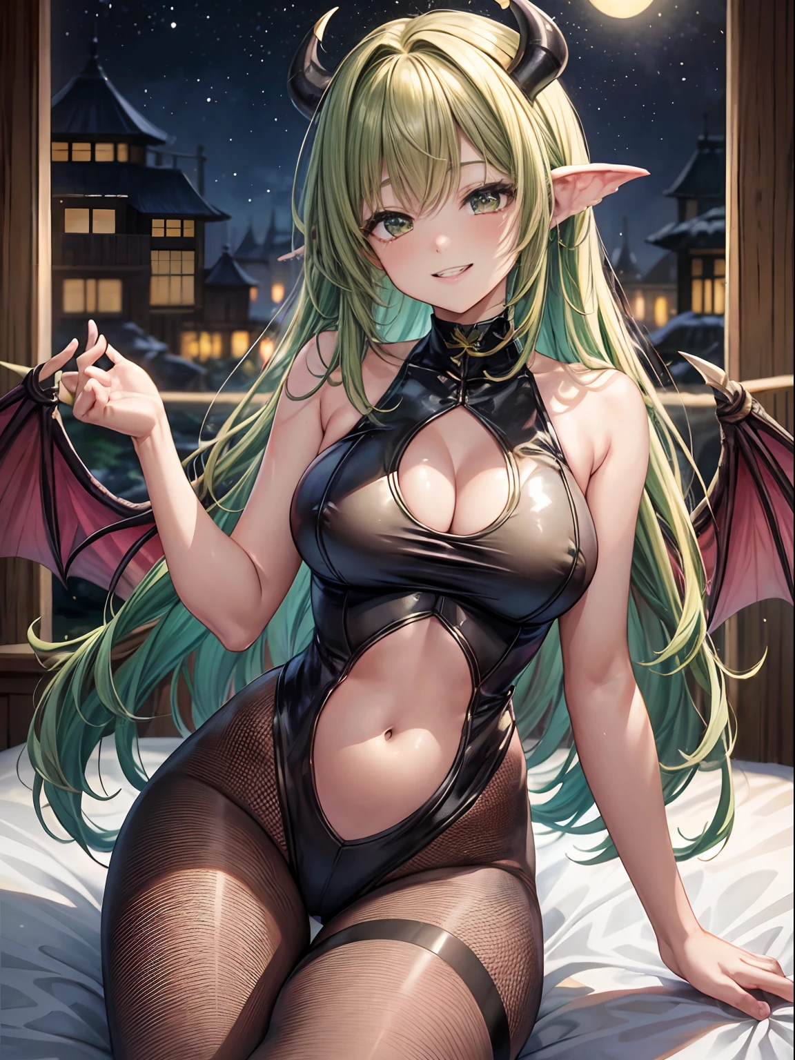 top-quality、Full limbs、complete fingers、One beautiful woman、Beautiful Large Breasts、straight haired、Yellow-green hair、Succubus、Black Leotard、Leotard with exposed belly、Pink leggings、A big smile、In a dream、Nasty dreams、Naughty atmosphere、heart mark、feathered、Blushing、Smile eerily、a bed、mid night、feathered