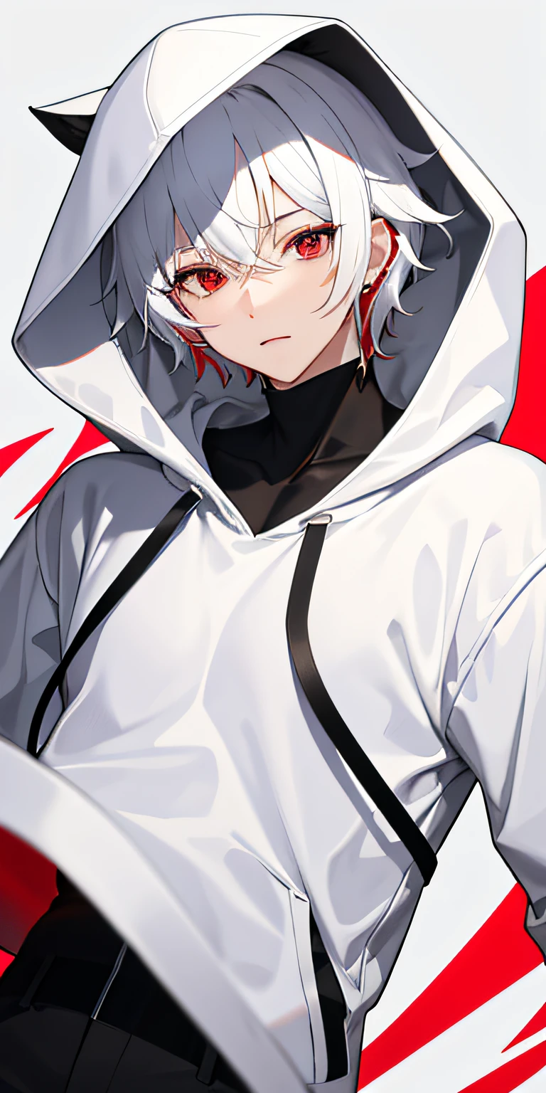 guy, red-eyes, white colored hair, Ears, white hoodie, black hood, Hood removed, Short Hair Hair,