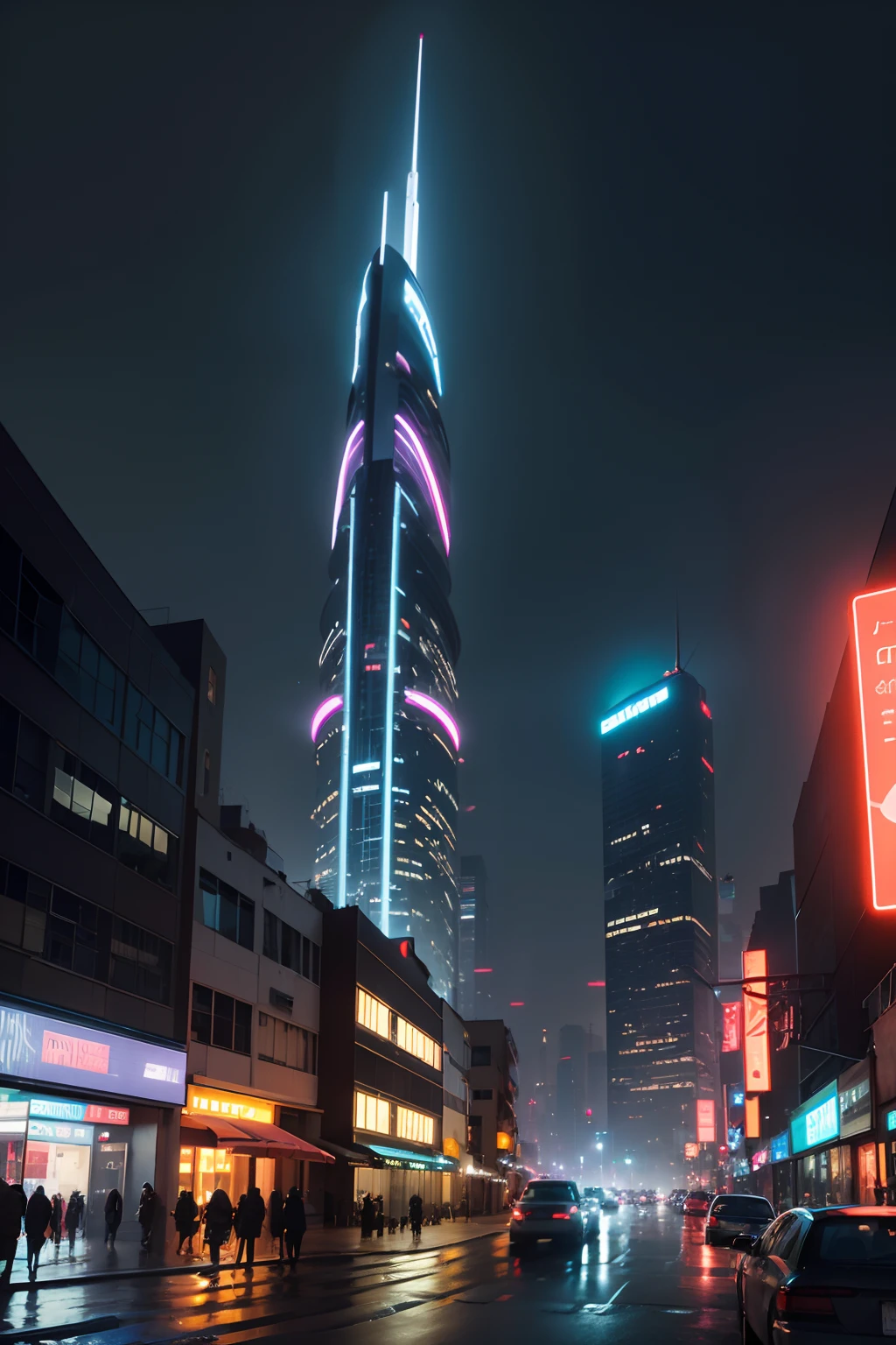 Cidade futurista ano 2099, very tall buildings, architecture with curved edges on top of buildings, janelas espelhadas, carros voadores sem rodas, luzes neon, luzes quentes,  em outdoors, in the nighttime, neblina, 8k