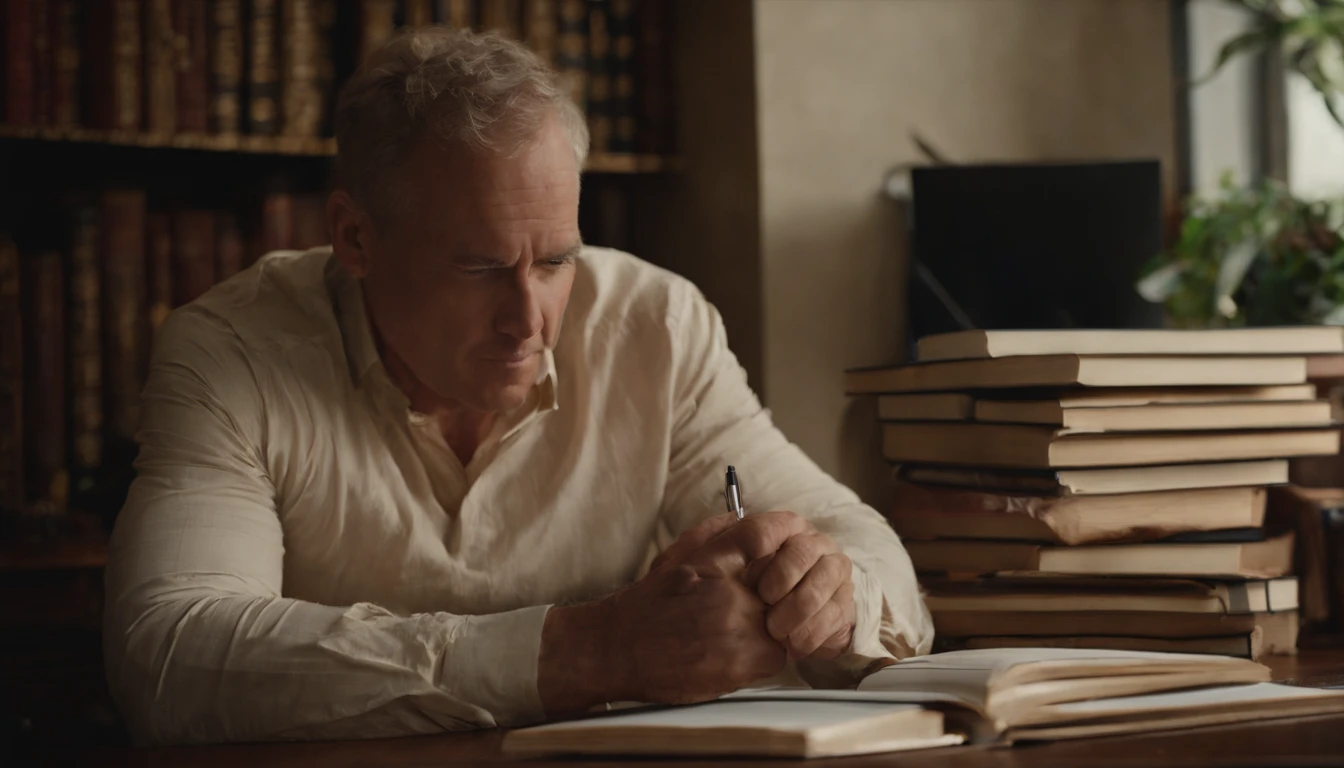 Jonathan Edwards, sitting at his desk, (best quality, highres, sharp focus) (portrait:1.2), (warm color tones), (soft and natural lighting), (serious expression), (pen in hand), (books and papers scattered on the desk), (wooden texture), (antique appearance), (classic atmosphere).