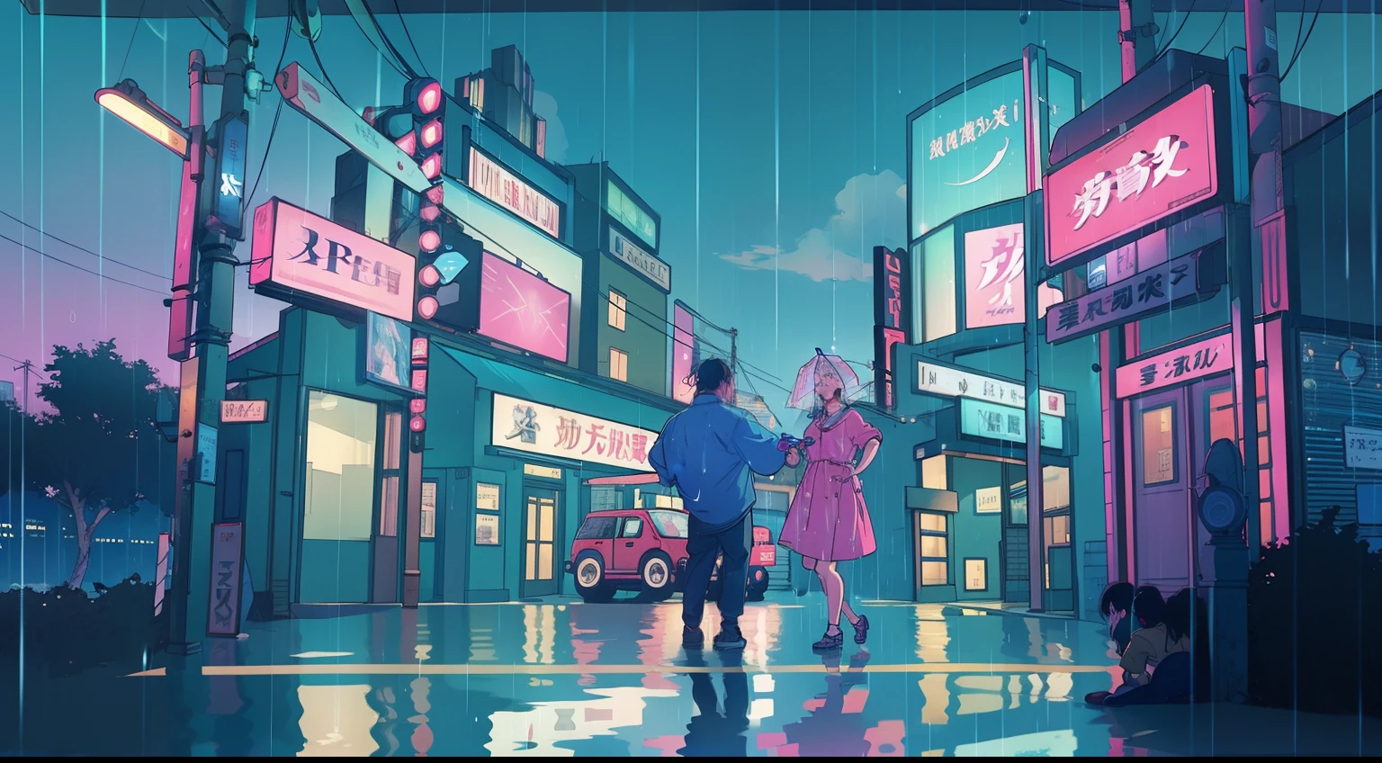 Rain-soaked street, Colorful umbrellas dot the cityscape with blue and pink splashes. Neon sign in retro style、Reflection of wet pavement, Establishment of the Lower Urban Symphony. Soft piano melodies set the mood, Evokes a calm and meditative atmosphere. a person々Flock to the cozy downtown area, While the rain is dancing outside、Drink hot drinks, Turn the city into a serene lofi,motor bikes,A city scape,nighttime scene