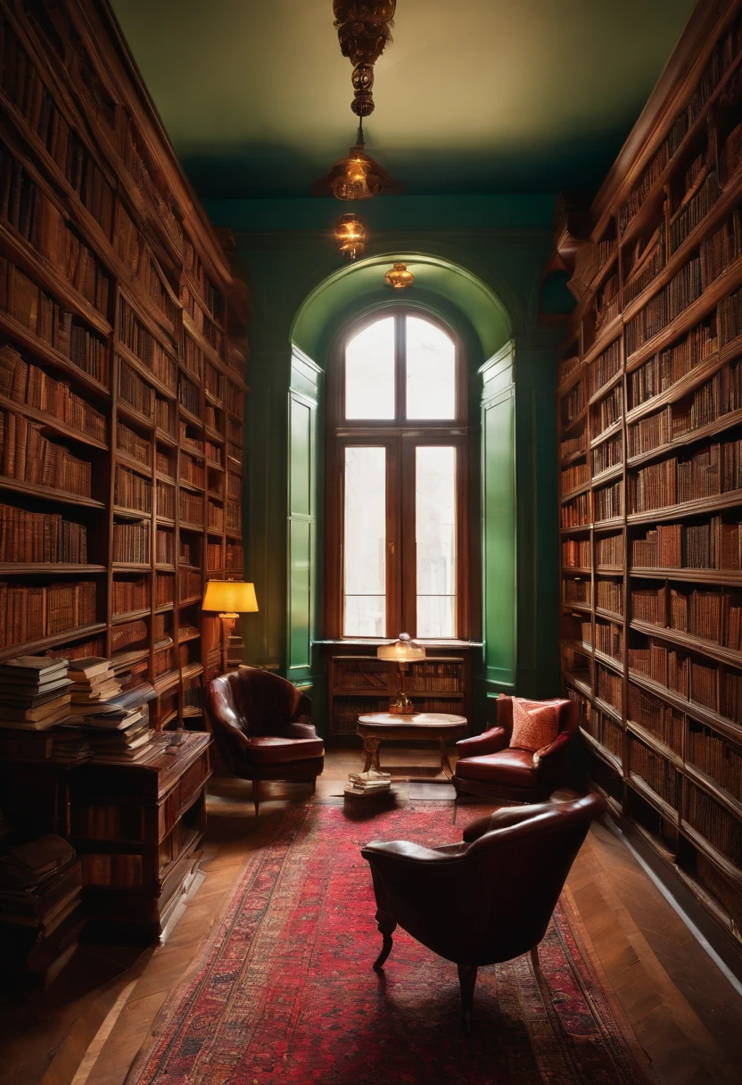 Uma sala de aula com uma estante de livros.