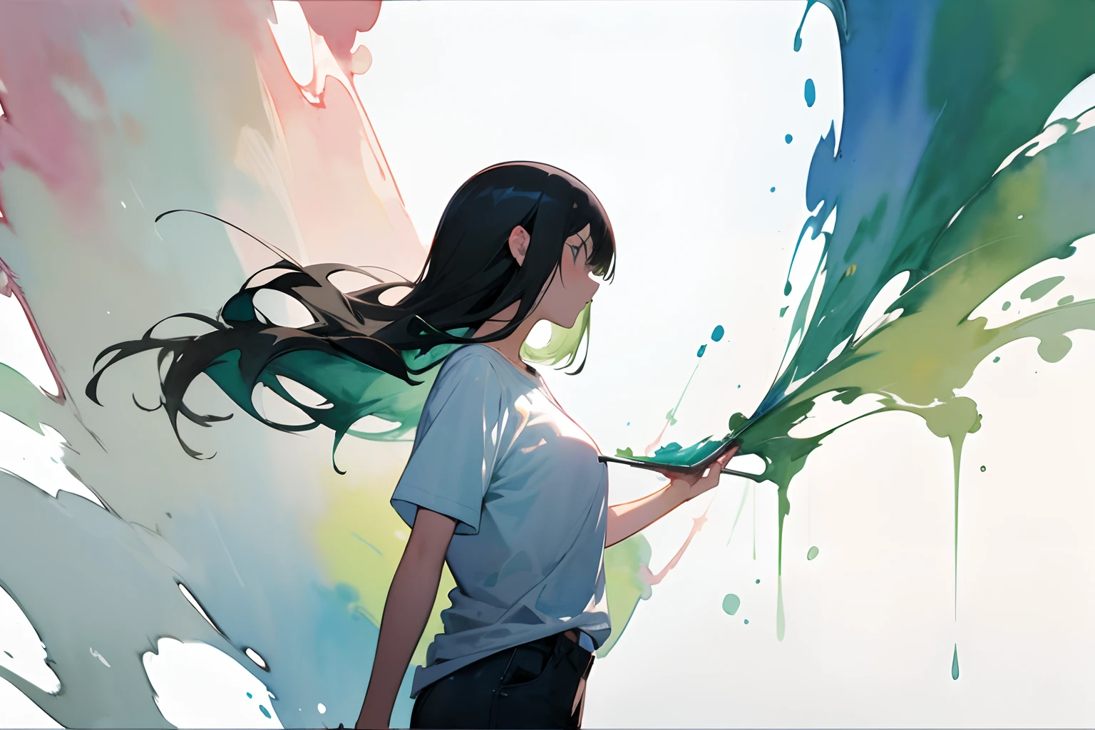 ((masutepiece)), (Professional Photography:1.2), (High Definition:1.3), Best Quality, (watercolor painting:1.3), from side, wide shot, (simple white background:1.10), pale green fine ink splashing, teenage girl, long black hair, wearing T-shirt, landscape