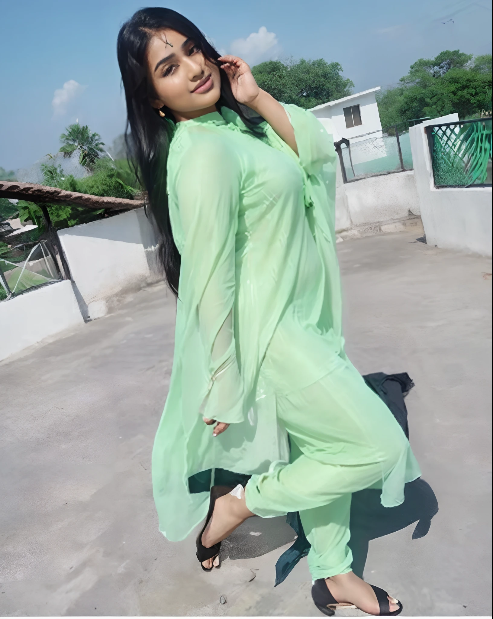 ((Masterpiece)), ((8k)),((ultra-high resolution)), Indian girl, thick figure, chubby face, fair skin, glowing skin, long black hairs, wearing printed kurta and salwar, seductive pose, seductive smile,