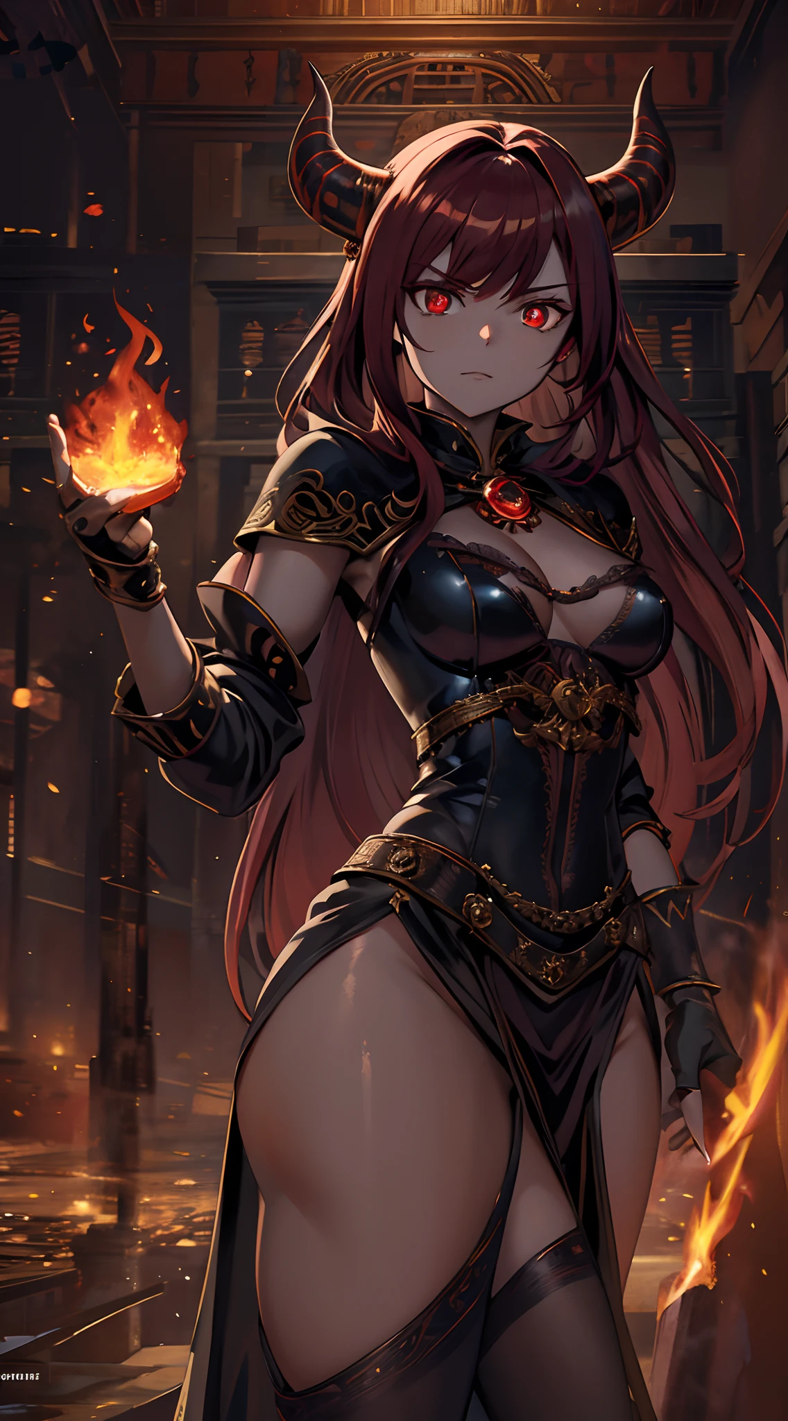 digital art, full body, in the center of the frame, masterpiece, best quality, 1girl, empress, imposing pose, menacing feature, detailed face, super detailed glowing red eyes, long flowing red hair, detailed hair, glowing fire horn, inside a temple, well lit, illuminated environment, solo, looking at viewer, long ceremonial costume, surrounding flames, front lighting, 8K,