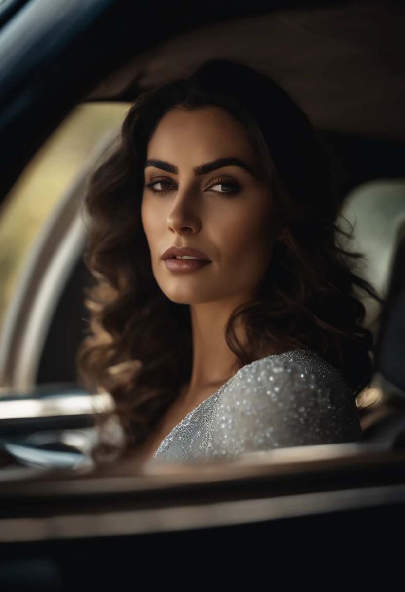 uma mulher morena, cabelos ondulados, muito elegante entrando em seu carro em um dia ensolarado, foto profissional