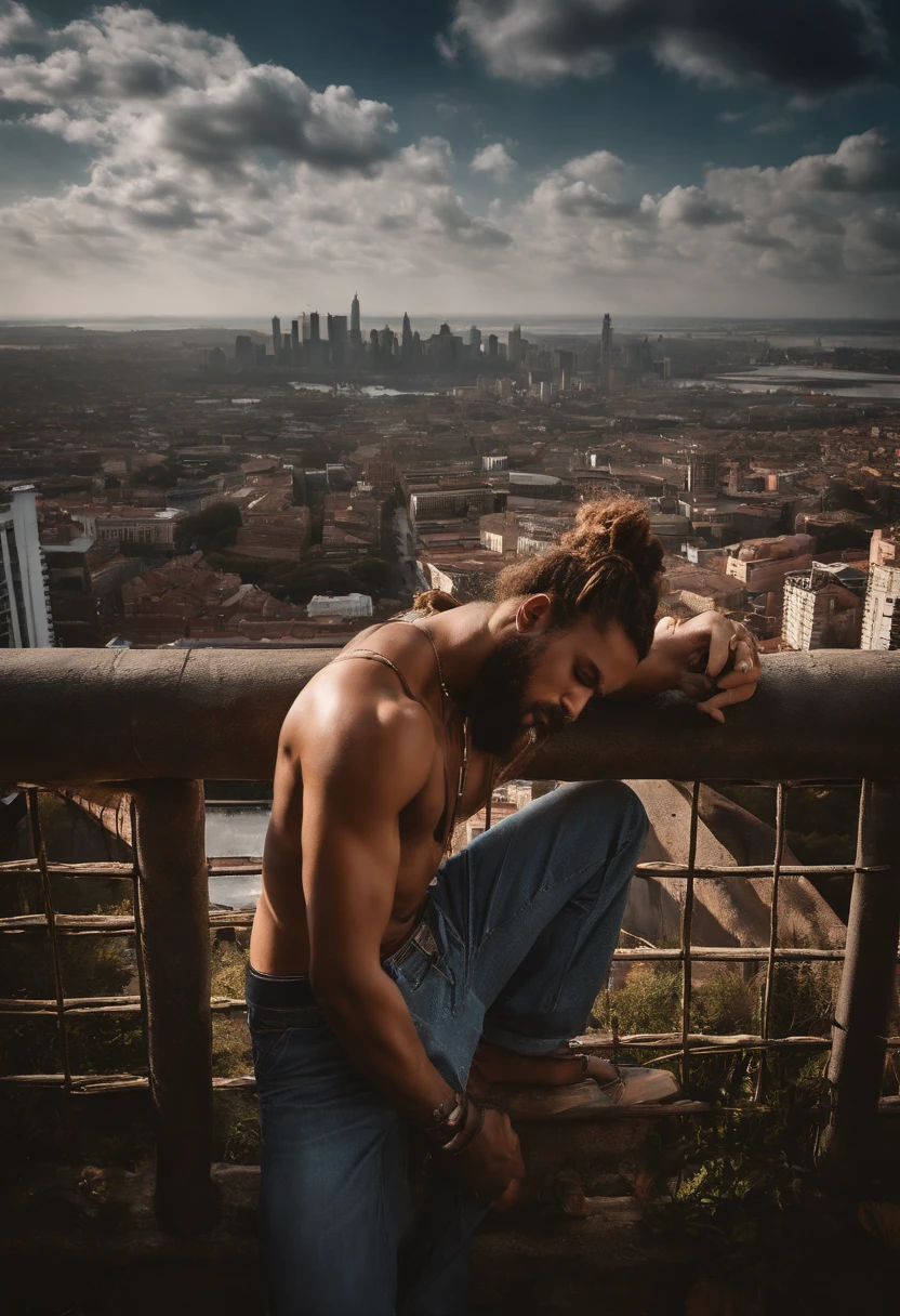 "An imposing Giantess in a hippie style hippie and laid-back is rocking a crop top and baggy pants. His toned and athletic build suggests his enormous strength. Ela parece estar passeando casualmente pela movimentada paisagem urbana de GTS City, while towering buildings loom over the city. Smoke and clouds prowl around your fence, adding to the sense of epic scale and drama. The lighting is dark, sombria e realista, creating a tense and threatening atmosphere. The outlook is from below, enfatizando a majestade e o poder dos Giantes, (((sem calcinha ))."