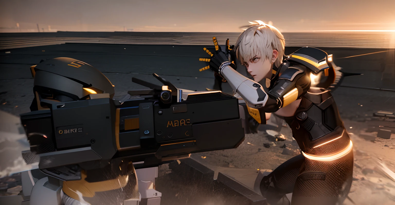 anime character with camera in hand and a man in a black shirt, genos from one punch man, genos, combat pose, action scene screenshot, anime machine gun fire, combat scene, mana shooting from his hands, attack pose, soldiers and mech fight, in game capture 3d render, cinematic mid shot fight, holding a giant weapon, anime bullet vfx