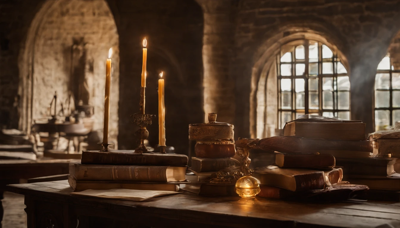 um jovem puritano, sentado em sua mesa, em sua biblioteca medieval,pen in hand, escrevendo furiosamente, cercado por livros velhos empoeirados e luz de velas piscando,absorbed in deep thought and contemplation.(melhor qualidade,4k,Altas),ultra-detalhado,estilo de arte realista,paleta de cores carmesim,macio, warm lighting,antique wooden furniture,Pergaminhos de pergaminho vintage,detalhes meticulosos, ambiente tranquilo,foco intenso.