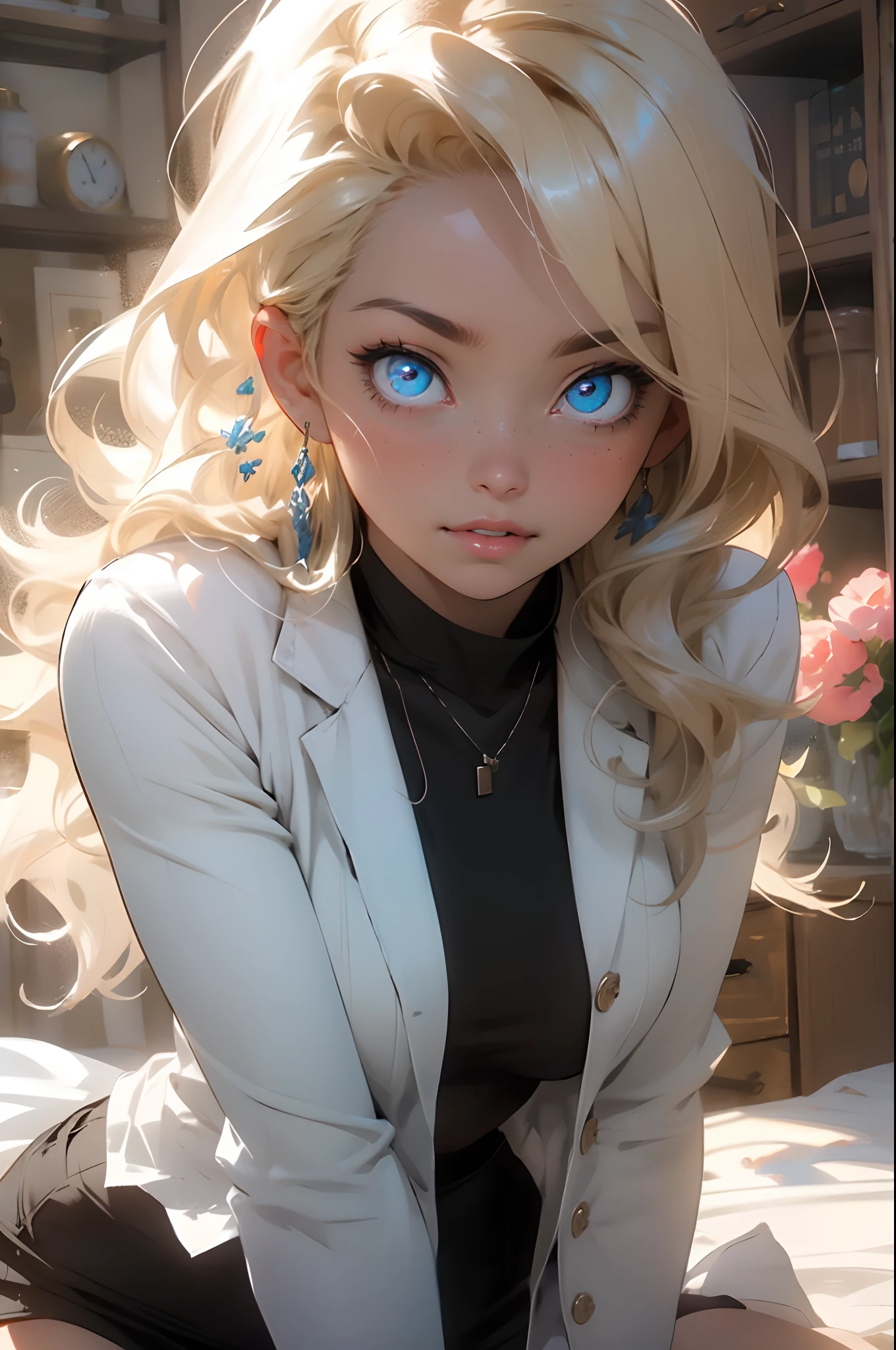 Melancholy lighting, Take it easy, calm, shine, masterpiece, best quality, 1 girl, (JinxLol: 1.2), (ultra photorealistic: 1.3), (masterpiece: 1.4), best quality, ((realistic)), high quality, Ultra Detailed, ((real image)), ((realistic skin)), ((realistic face)), (illustration: 1.05), (beautiful: 1.05), (beautiful detailed eyes: 1.05), (cinematic light: 1.1), full body, accurate proportions, 25-year old girl, CURVY model (wearing sexy lab coat), waves, BLOND hair fluttering in the wind, long legs, slightly open feet, butt, blushing, shyness, clavicle, abs, double texture, beautiful and delicate face, fair skin, real skin, (face detail), couples, super high res, 8k, parameters Best quality, masterpiece, super high res, (Realistic 2.0), more details, detailed skin, wide smile, white teeth, VOLUMINOUS GINGER BLONDIE hair, perfect and well-drawn eyes, girlfriend, cute, pretty, studio illumination, (modern laboratory surronding:1.2), ((PERFECT EVEN EYES:1.4))