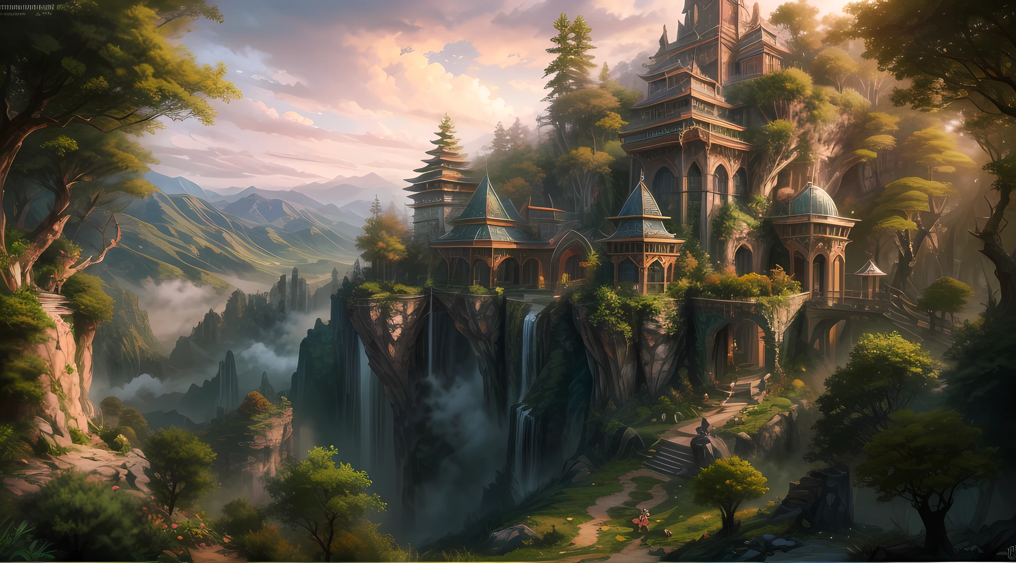 a wallpaper ultra wide angle, fantasy art, RPG art, (best Detailed: 1.5), CG (UHD: 1.5), (photorealistic: 1.4), cinematic movie picture picture of an elven city built in the forest trees, a city of Forgotten Realms elves built in the forest trees, there are many houses built (in the massive ancient forest woods: 1.6), there are elven towers, a massive, elven fortress built on a hill near the city, (perfect architecture: 1.5) fantasy elven forest background, sunset, the sun is setting down there are some clouds in the sky, best details, best quality, 16k, (ultra detailed: 1.5), masterpiece, best quality, (extremely detailed), ultra wide shot, photorealism, depth of field, hyper realistic