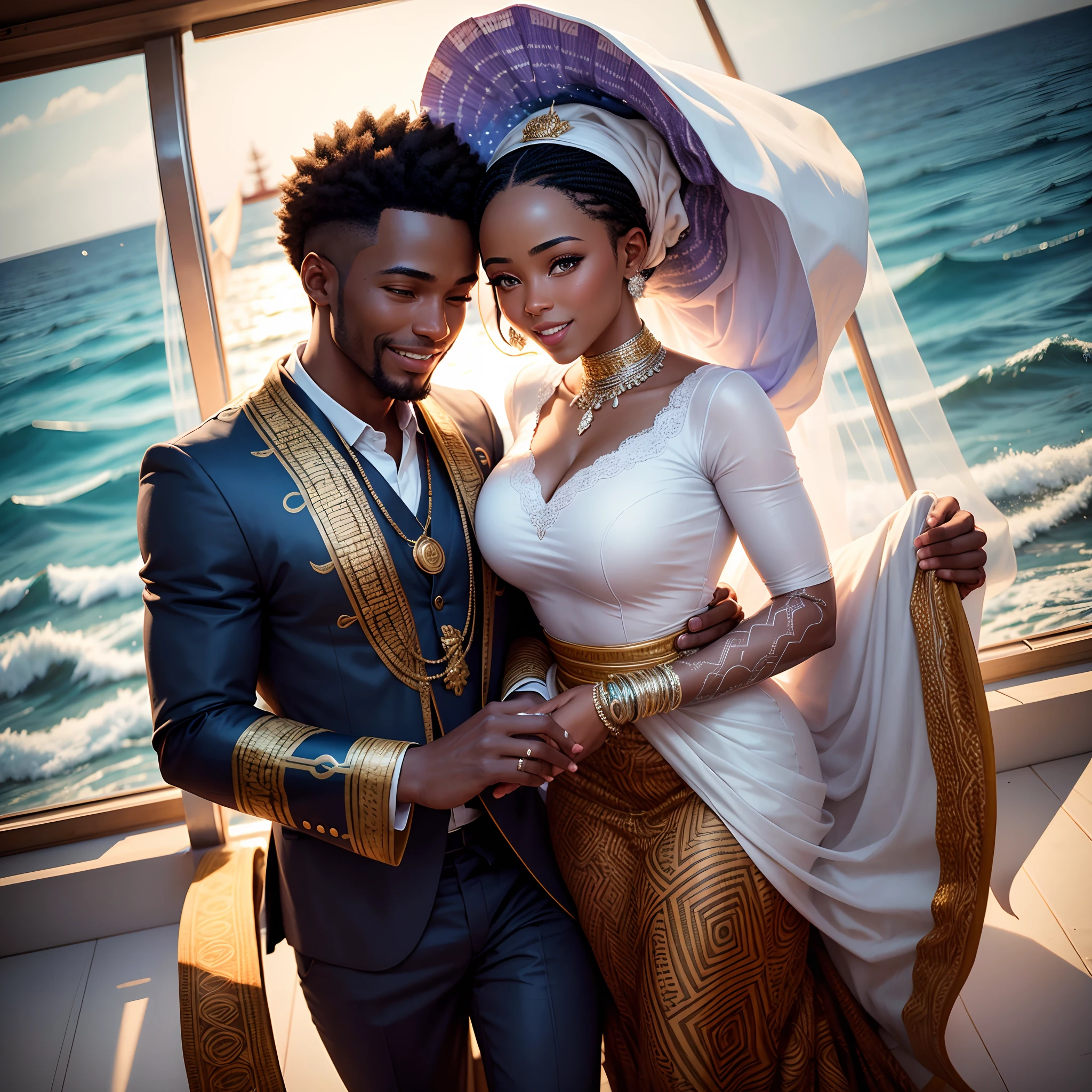 High angle shot of a Happy African man marrying African woman both wearing African designed clothes, marriage ceremony on a speed booat on an ocean with fish swimming beneath the ocean, celebrating congregation in the background all in african designed clothes, confetti in the air, moon and stars shining, with iridescent light, photorealistic image, 32k, ultra HD, cinematic lighting, artgerm style,