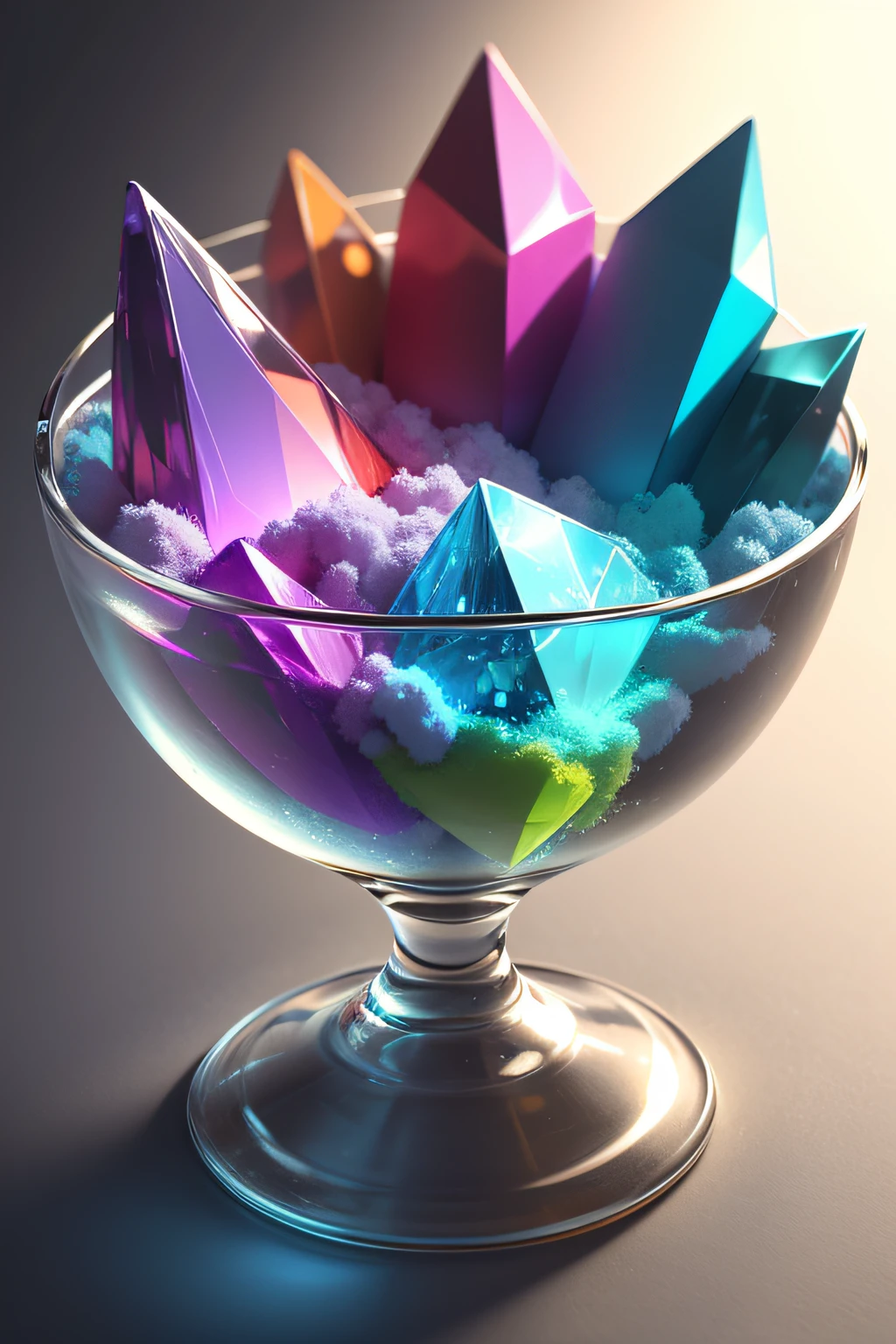 A colorful drop falls into a crystal bowl filled with different brightly colored powders and causes part of it to fly away.