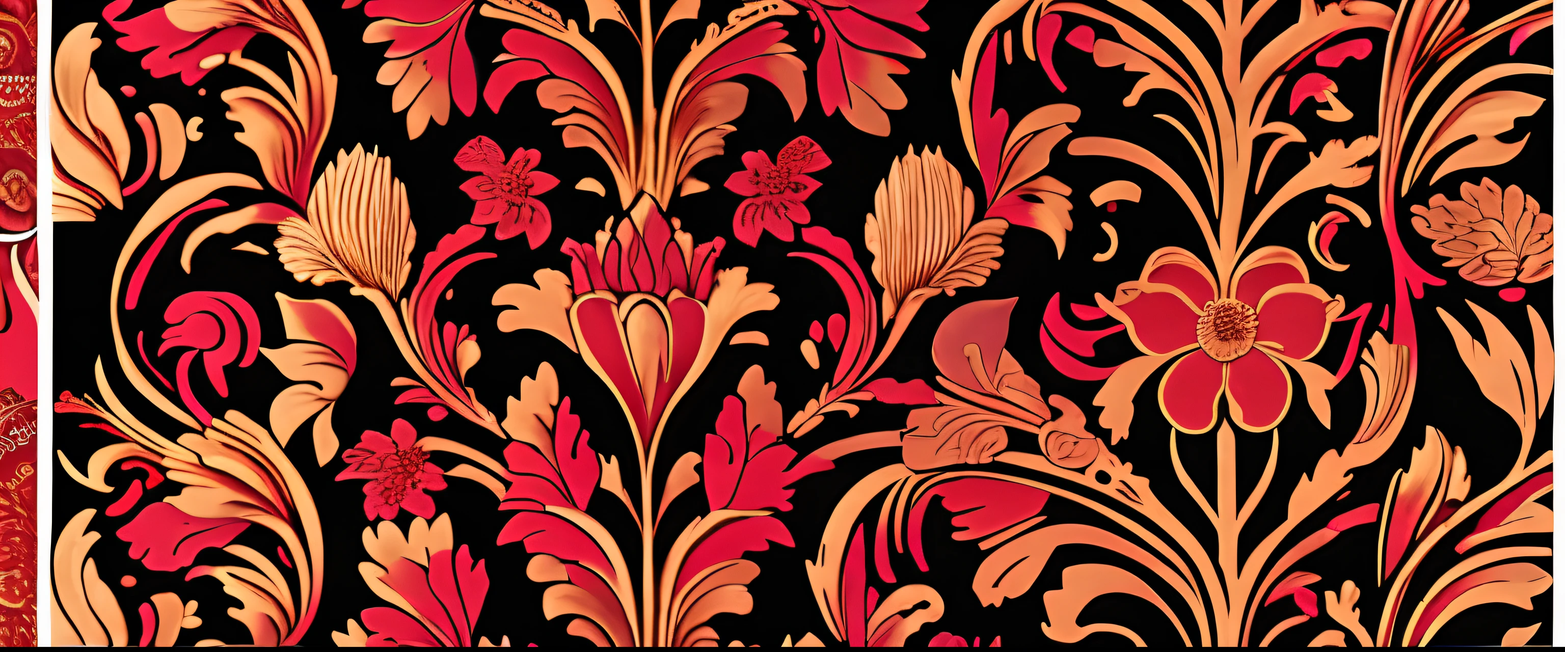 a close up of a red golden floral pattern on a black background, art nouveau dark outlines, jugendstil background, art nouveau wallpaper, wallpaper design, background art nouveau, dark intricate, ornate floral, art nouveau pattern, brown flowers, baroque wallpaper, dark flower pattern wallpaper, inspired by William Morris, acanthus scroll, intricate dark background, acanthus