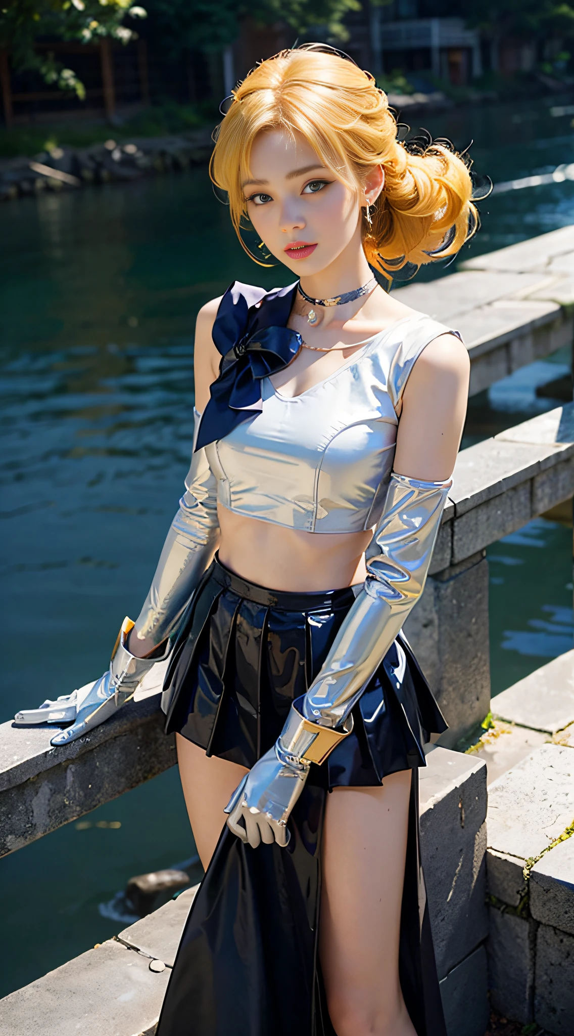 ((masterpiece:1.4)、(top-quality:1.4)、(reallistic:1.7))、masuter piece:1.4、a beauty girl、(sailormoon:1.4)、Sexy female combat suit sticking to body、(latex shiny)、(The jacket is a white sleeveless sailor suit)、(Skirt is blue sexy ultra ultra mini skirt)、The collar of the sailor suit is blue with two thin lines.、Red cloth ornament at chest、(Wearing white gloves)、Kawaii Girl、Super beauty、foco nítido、Portrait photos、Upper body photography:1.4、beautiful countenance、beautidful eyes、Narrow waist、(Yellow hair:1.4)、poneyTail、Raw photo、red-lips、Red boots:1.4、a choker:1.4、a necklace:1.4、耳Nipple Ring:1.4、1 screen display、Outdoor landscape