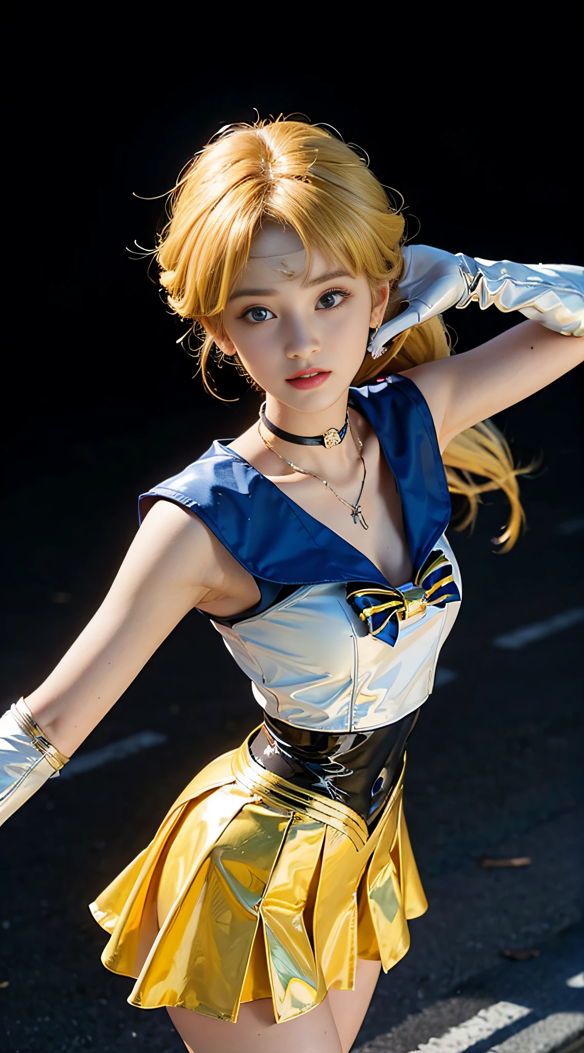 ((​masterpiece:1.4)、(top-quality:1.4)、(reallistic:1.7))、masuter piece:1.4、a beauty girl、(sailormoon:1.4)、Sexy female combat suit sticking to body、(latex shiny)、(The jacket is a white sleeveless sailor suit)、(Skirt is blue sexy ultra ultra mini skirt)、The collar of the sailor suit is blue with two thin lines.、Red cloth ornament at chest、(Wearing white gloves)、Kawaii Girl、Super beauty、foco nítido、Portrait photos、Upper body photography:1.4、beautiful countenance、beautidful eyes、Narrow waist、(Yellow hair:1.4)、poneyTail、Raw photo、red-lips、Red boots:1.4、a choker:1.4、a necklace:1.4、耳Nipple Ring:1.4、1 screen display、Outdoor landscape