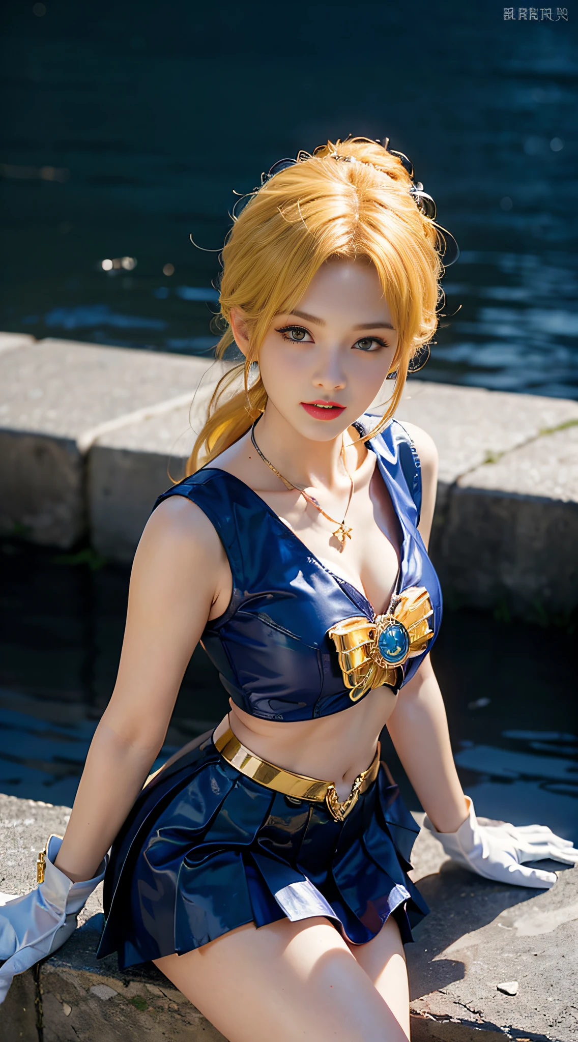 ((masterpiece:1.4)、(top-quality:1.4)、(reallistic:1.7))、masuter piece:1.4、a beauty girl、(sailormoon:1.4)、Sexy female combat suit sticking to body、(latex shiny)、(The jacket is a white sleeveless sailor suit)、(Skirt is blue sexy ultra ultra mini skirt)、The collar of the sailor suit is blue with two thin lines.、Red cloth ornament at chest、(Wearing white gloves)、Kawaii Girl、Super beauty、foco nítido、Portrait photos、Upper body photography:1.4、beautiful countenance、beautidful eyes、Narrow waist、(Yellow hair:1.4)、poneyTail、Raw photo、red-lips、Red boots:1.4、a choker:1.4、a necklace:1.4、耳Nipple Ring:1.4、1 screen display、Outdoor landscape