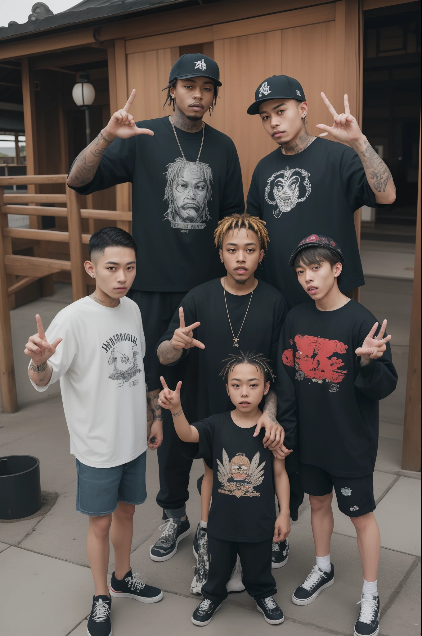 family portraits badass selfies of traditional female japanese geshia females version xxxtentacion juice wrld inspired crazy wild detals gangsta gang baggy sagging trap sumpreme streetwear at a japane shrine raisng hands gang signs middle finger