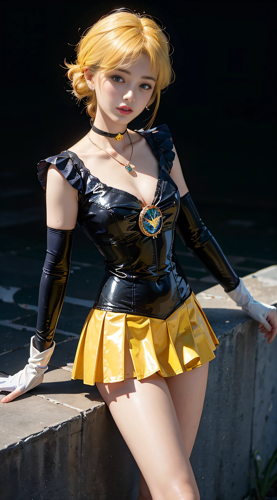 ((masterpiece:1.4)、(top-quality:1.4)、(reallistic:1.7))、masuter piece:1.4、a beauty girl、(sailormoon:1.4)、Sexy female combat suit sticking to body、(latex shiny)、(The jacket is a white sleeveless sailor suit)、(Skirt is blue sexy ultra ultra mini skirt)、The collar of the sailor suit is blue with two thin lines.、Red cloth ornament at chest、(Wearing white gloves)、Kawaii Girl、Super beauty、foco nítido、Portrait photos、Upper body photography:1.4、beautiful countenance、beautidful eyes、Narrow waist、(Yellow hair:1.4)、poneyTail、Raw photo、red-lips、Red boots:1.4、a choker:1.4、a necklace:1.4、耳Nipple Ring:1.4、1 screen display、Outdoor landscape
