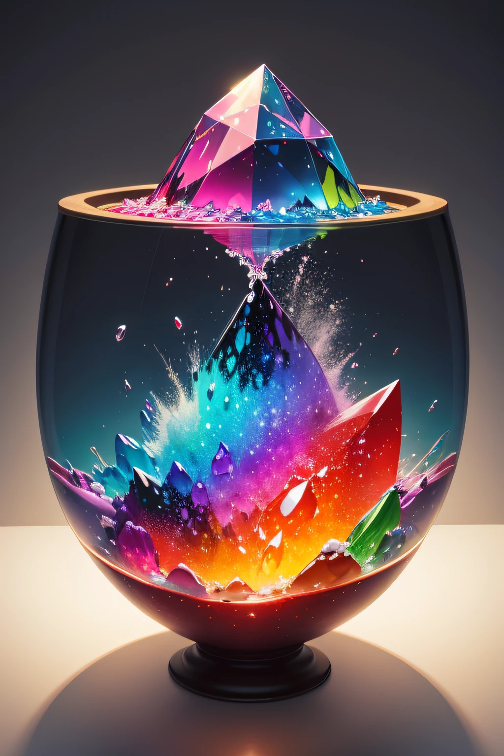 A realistic colorful drop of wather falls into a crystal bowl filled with different brightly colored exploded powders and causes part of it to fly away.