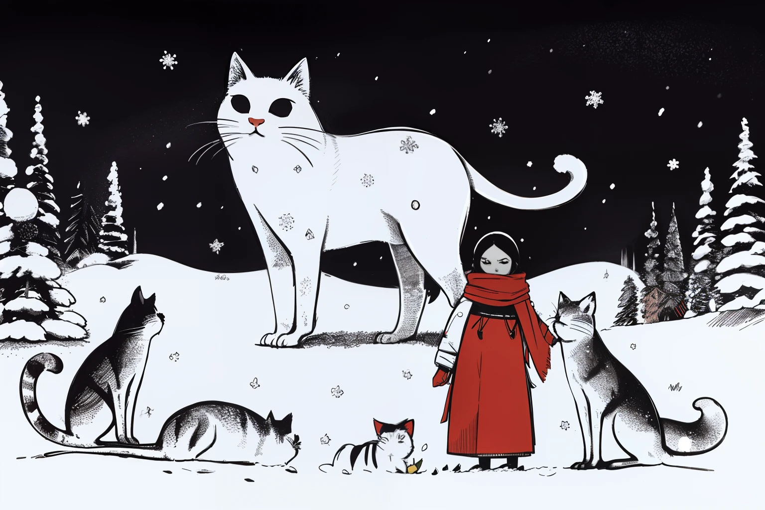 masterpiece, best quality, 1girl, red scarf, winter, snow, heavy snowfall, tundra, marsh, red berries, grey, white, dark, night, starry sky, giant white fluffy cat, tribal, ethnic, native inuit, sketch