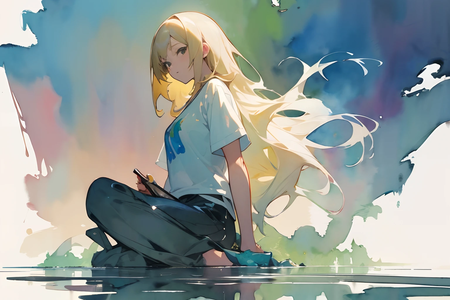 ((masutepiece)), (Professional Photography:1.2), (High Definition:1.3), Best Quality, (watercolor painting:1.3), wide shot, (simple white background:1.10), pale green fine ink splashing, teenage girl, long blond hair, wearing T-shirt, sit, landscape