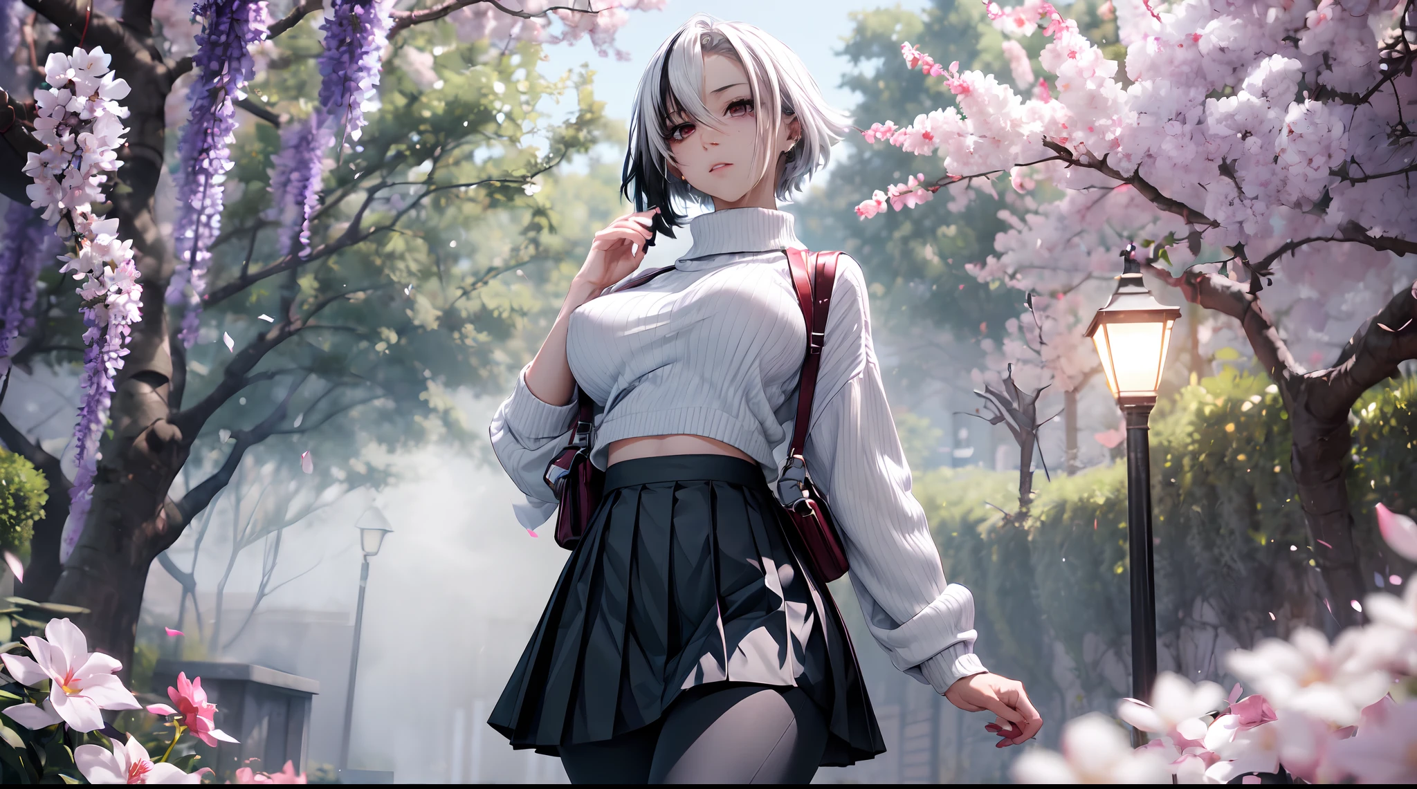 masterpiece, best quality,girl, solo, white hair, black hair, multicolored hair, x-shaped pupils, black eyes, solo, cherry blossoms, hanami, pink flower, white flower, spring season, wisteria, petals, flower, plum blossoms, outdoors, falling petals, (large breast),thick thighs, ,undersized clothes,((white sweater,black leggings, black with red accent pleated skirt)),commercial photography,at night, lights, High Detail, Sharp focus, (photorealism), realistic, best quality, 8k, award winning, dramatic lighting, epic, cinematic, masterpiece, rim light, ambient fog:1.3, dutch angle, depth of field,8k uhd, high quality, motion blur, depth blur, cinematic, filmic image 4k, (unlit face:1.4), (unlit:1.3), (upper body shot:1.1), (very dark:1.1, underexposed:1.1),(falling over,suprised face:1.5),commercial,at night, lights, High Detail, Sharp focus, (photorealism), realistic, best quality, 8k, award winning, dramatic lighting, epic, cinematic, masterpiece, rim light, ambient fog:1.3, dutch angle, depth of field,8k uhd, high quality, motion blur, depth blur, cinematic, filmic image 4k,(walking back from viewer), looking at viewer,