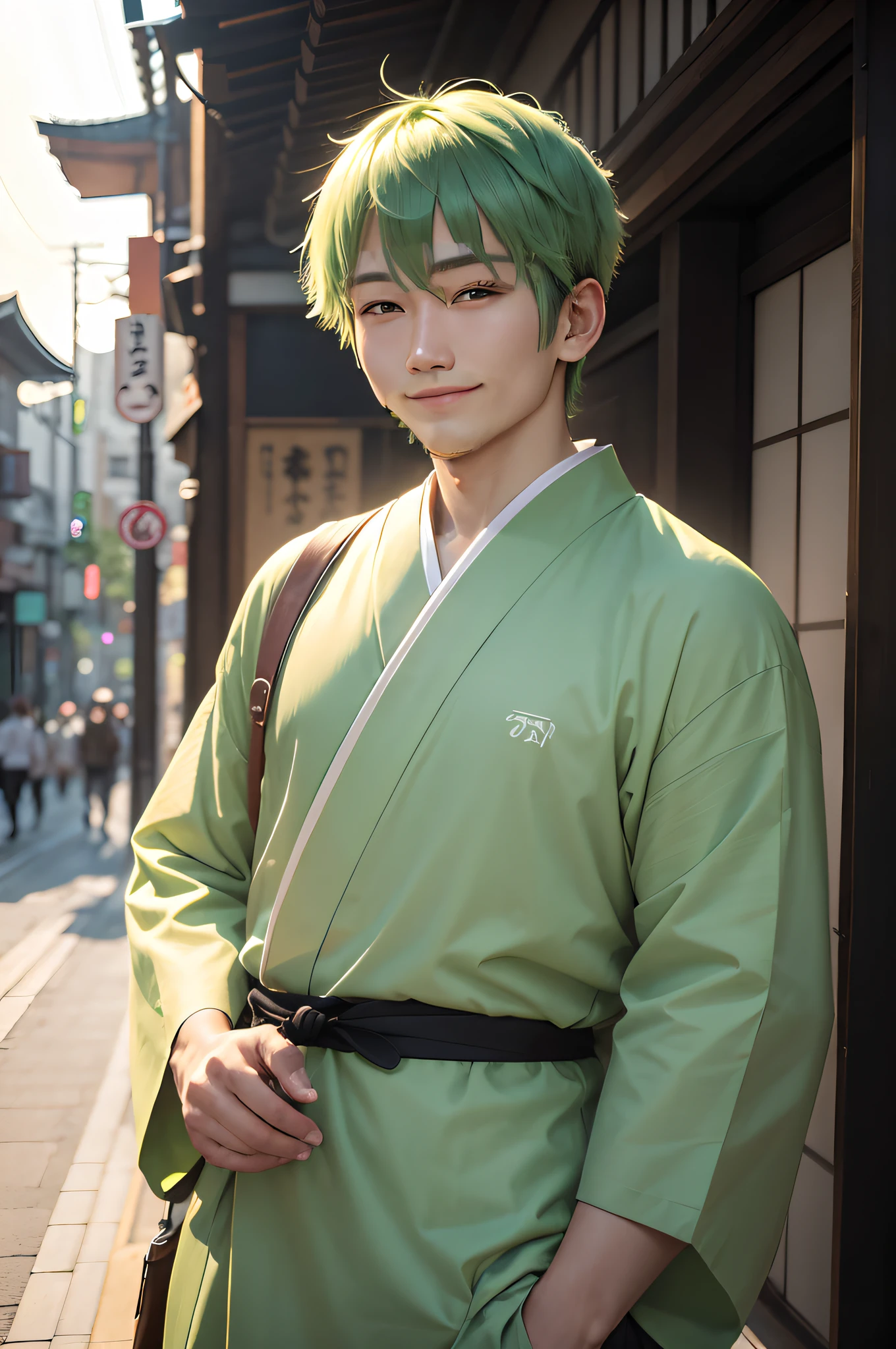 Osaka,male people,light green hair,short bangs hair,a smile,No beard,mash hair