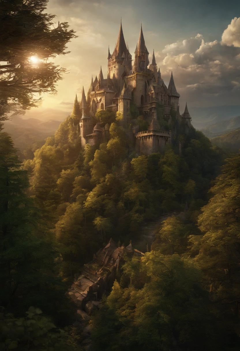 a wallpaper ultra wide angle, fantasy art, RPG art, (best Detailed: 1.5), CG  (UHD: 1.5), (photorealistic: 1.4), cinematic movie picture picture of an elven city built in the forest trees, a city of Forgotten Realms elves built in the forest trees, there are many houses built (in the massive ancient forest woods: 1.6), there are elven towers, a massive, elven fortress built on a hill near the city, (perfect architecture: 1.5) fantasy elven forest background, sunset, the sun is setting down there are some clouds in the sky, best details, best quality, 16k, (ultra detailed: 1.5), masterpiece, best quality, (extremely detailed), ultra wide shot, photorealism, depth of field, hyper realistic