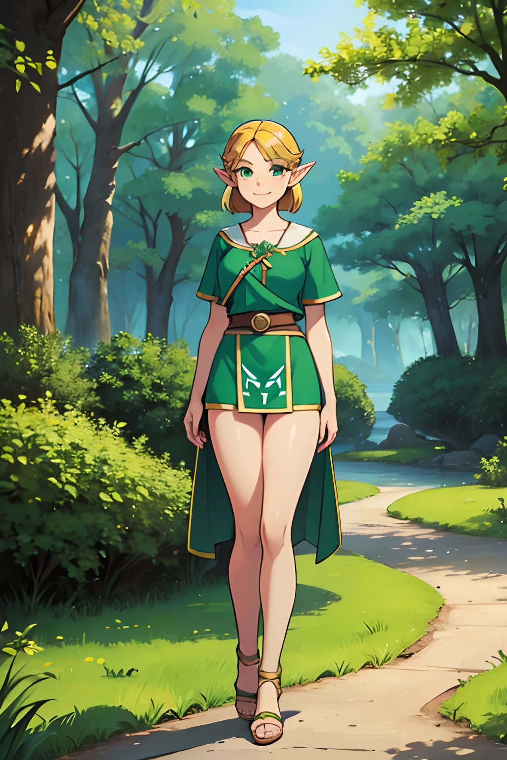 masterpiece, best quality, 1girl, elf, green eyes, golden blonde, (standing:1.1), (forest:1.1), pov, perfect eyes, arms at sides, river, portrait, full body, smile, heeled sandals, beautiful landscape, trees, (Legend of Zelda)