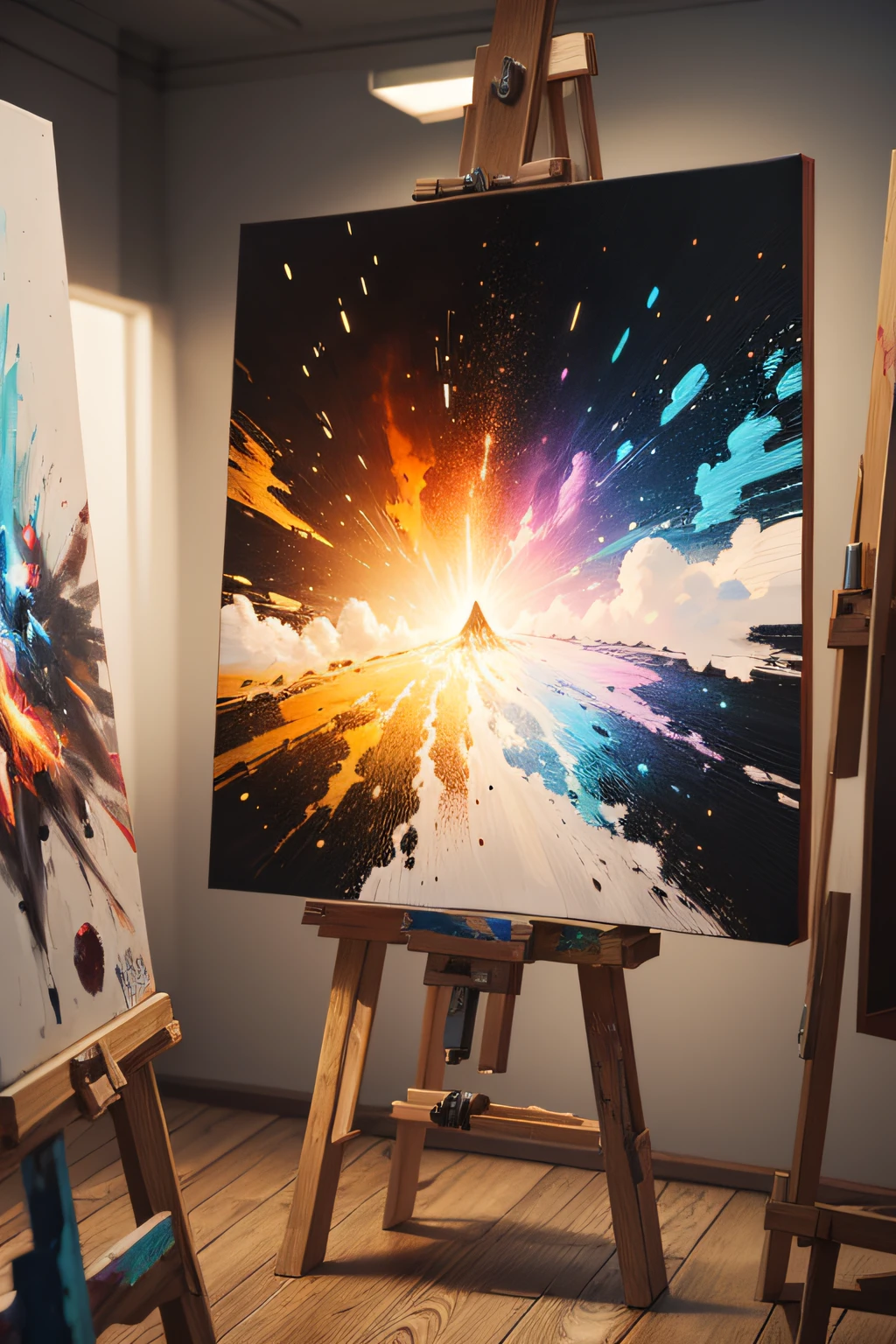 a realistic explosion of powder of different colors on a painting canvas placed on an easel.