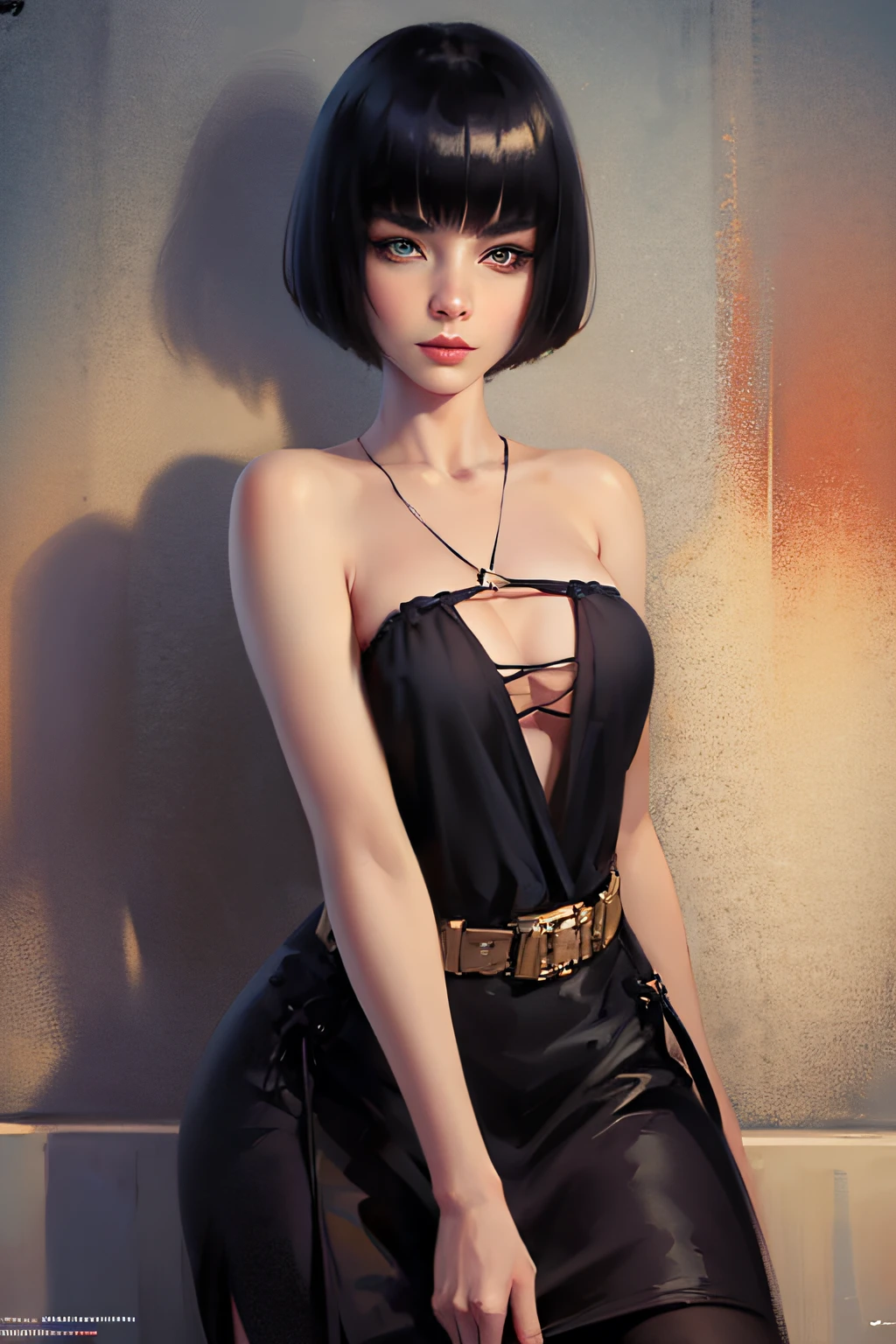 Character art of a woman, grey eyes, black bob cut hair, lovely, 8k resolution art, accurate features, lovely, art of Michael Carson, Mead Schaeffer, James Abbott McNeill Whistler, Jeff Lemire, Jessie Willcox Smith, John Lavery, Joseph Lorusso, Kelly Mckernan