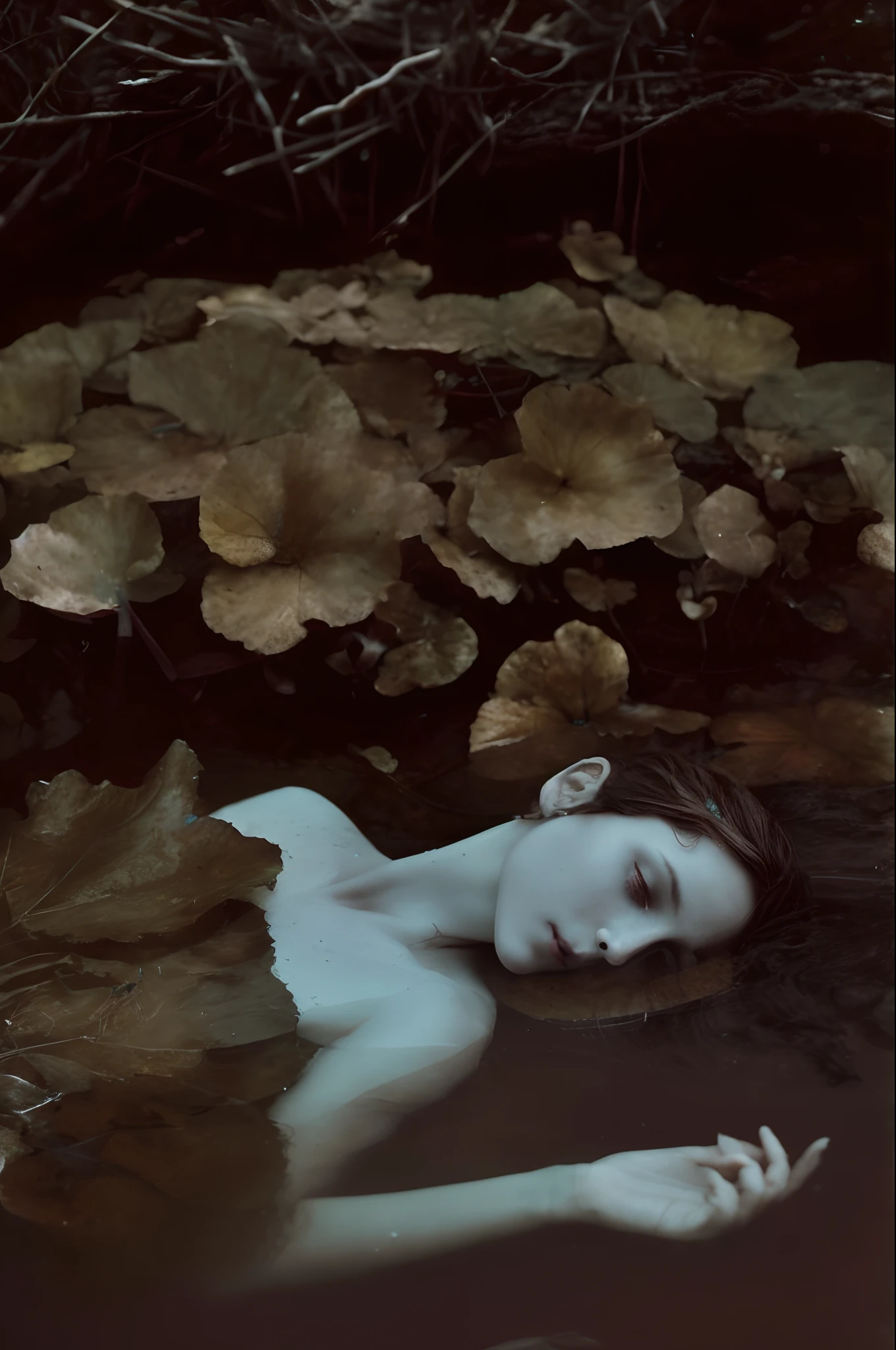 there is a woman laying in the water with her head in the water, monia merlo, inspired by Elsa Bleda, inspired by Brooke Shaden, ophelia, alessio albi, brooke shaden detailed, photography alexey gurylev, inspired by Katia Chausheva, photography alexey kurylev, inspired by irakli nadar