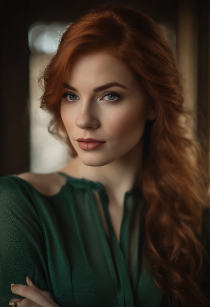professionnel, (Photo 4K:1.1) par (Jeremy Lipking:0.3), (Dittmann Anna:0.3), (jiner:0.3), (mise au point nette:1.3), High detail, Porter (Chemise moulante:1.2), beautifull detailed face, An attractive woman with long red hair looks at the camera, resembling actress Katherine McNamara, Panasonic Lumix S Pro 50mm F/1.4, Anne Stokes, splash of color, dark orange and dark emerald, Ferrania P30, photo realist, (attractive young woman:1.3), (Seductive:1.1), (rougissant:1.1), Forme du corps du sablier, Gros seins ronds, hanches larges, dans un club, Prendre un selfie, Porter un pull