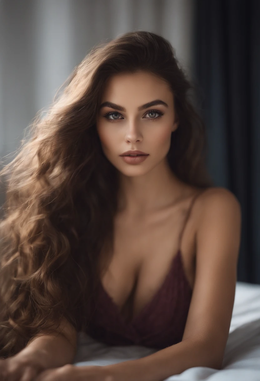 Arafed woman completely , fille sexy aux yeux bruns, ultra realist, Meticulously detailed, Portrait Sophie Mudd, cheveux bruns et grands yeux, selfie of a young woman, Violet Myers, sans maquillage, maquillage naturel, looking straight at camera, Visage avec Artgram, Maquillage subtil, Great photo of the whole body kneeling on the bed, dans la chambre, Medium to large bust