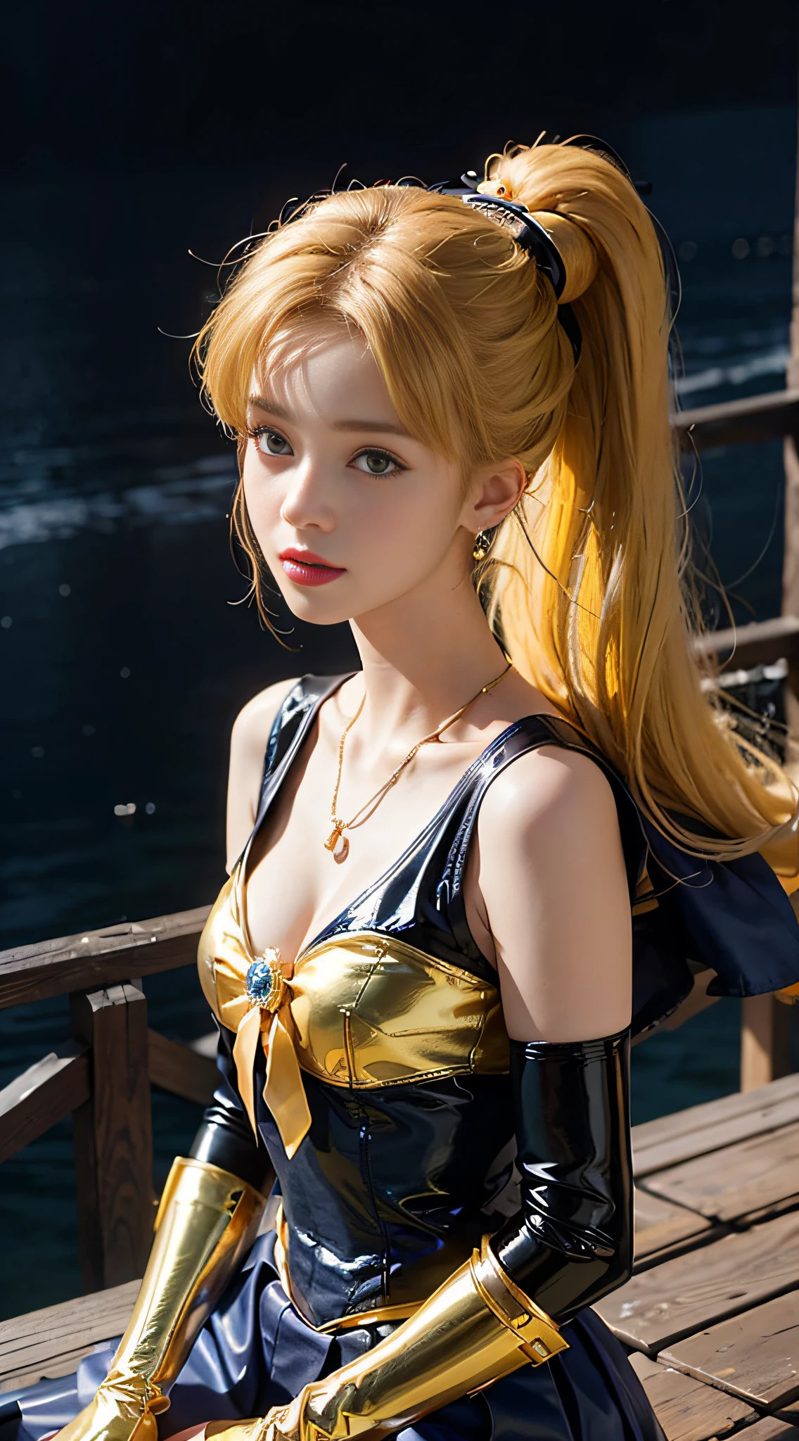 ((masterpiece:1.4)、(top-quality:1.4)、(reallistic:1.7))、masuter piece:1.4、a beauty girl、(sailormoon:1.4)、Sexy female combat suit sticking to body、(latex shiny)、(The jacket is a white sleeveless sailor suit)、(Skirt is blue sexy ultra ultra mini skirt)、The collar of the sailor suit is blue with two thin lines.、Red cloth ornament at chest、(Wearing white gloves)、Kawaii Girl、Super beauty、foco nítido、Portrait photos、Upper body photography:1.4、beautiful countenance、beautidful eyes、Narrow waist、(Yellow hair:1.4)、poneyTail、Raw photo、red-lips、Red boots:1.4、a choker:1.4、a necklace:1.4、耳Nipple Ring:1.4、1 screen display、Outdoor landscape