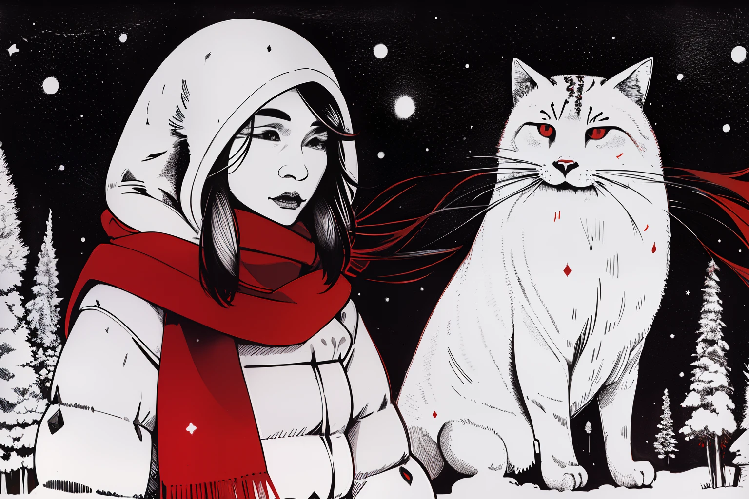 masterpiece, best quality, 1girl, red scarf, winter, snow, heavy snowfall, tundra, marsh, red berries, grey, white, dark, night, starry sky, giant white fluffy cat, tribal, ethnic, native inuit, sketch