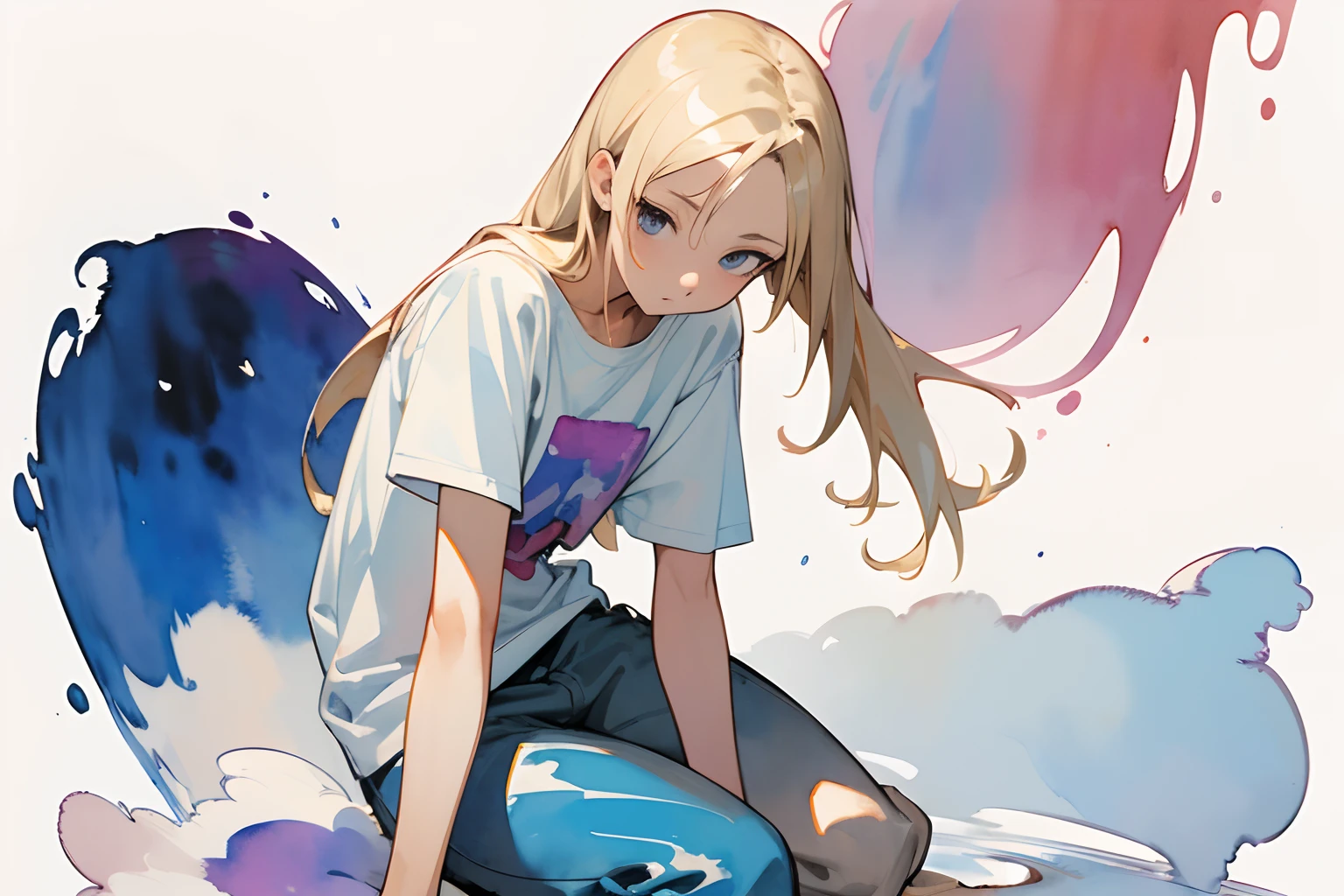 ((masutepiece)), (Professional Photography:1.2), (High Definition:1.3), Best Quality, (watercolor painting:1.3), wide shot, (simple white background:1.10), grey fine ink splashing, age girl, long blond hair, wearing T-shirt, sit