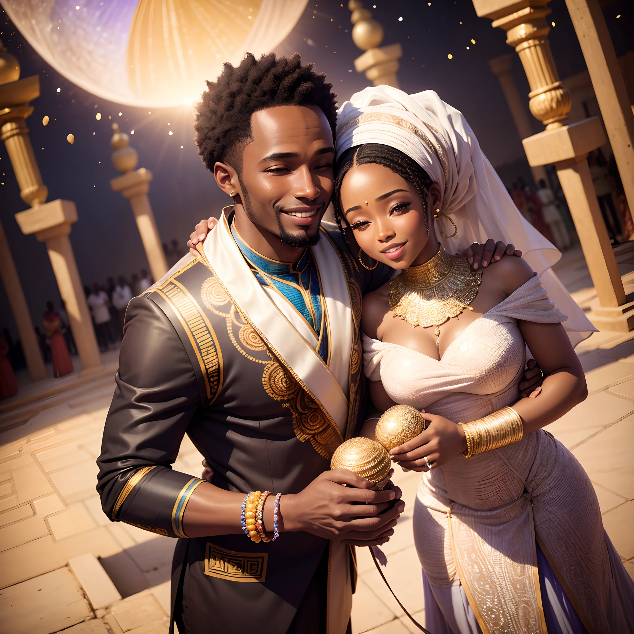 High angle shot of a Happy African man marrying African woman both wearing African designed clothes, marriage ceremony outside an African designed temple, surrounded by celebrating congregation all in african designed clothes, confetti in the air, moon and stars shining, with iridescent light, photorealistic image, 32k, ultra HD, cinematic lighting, artgerm style,