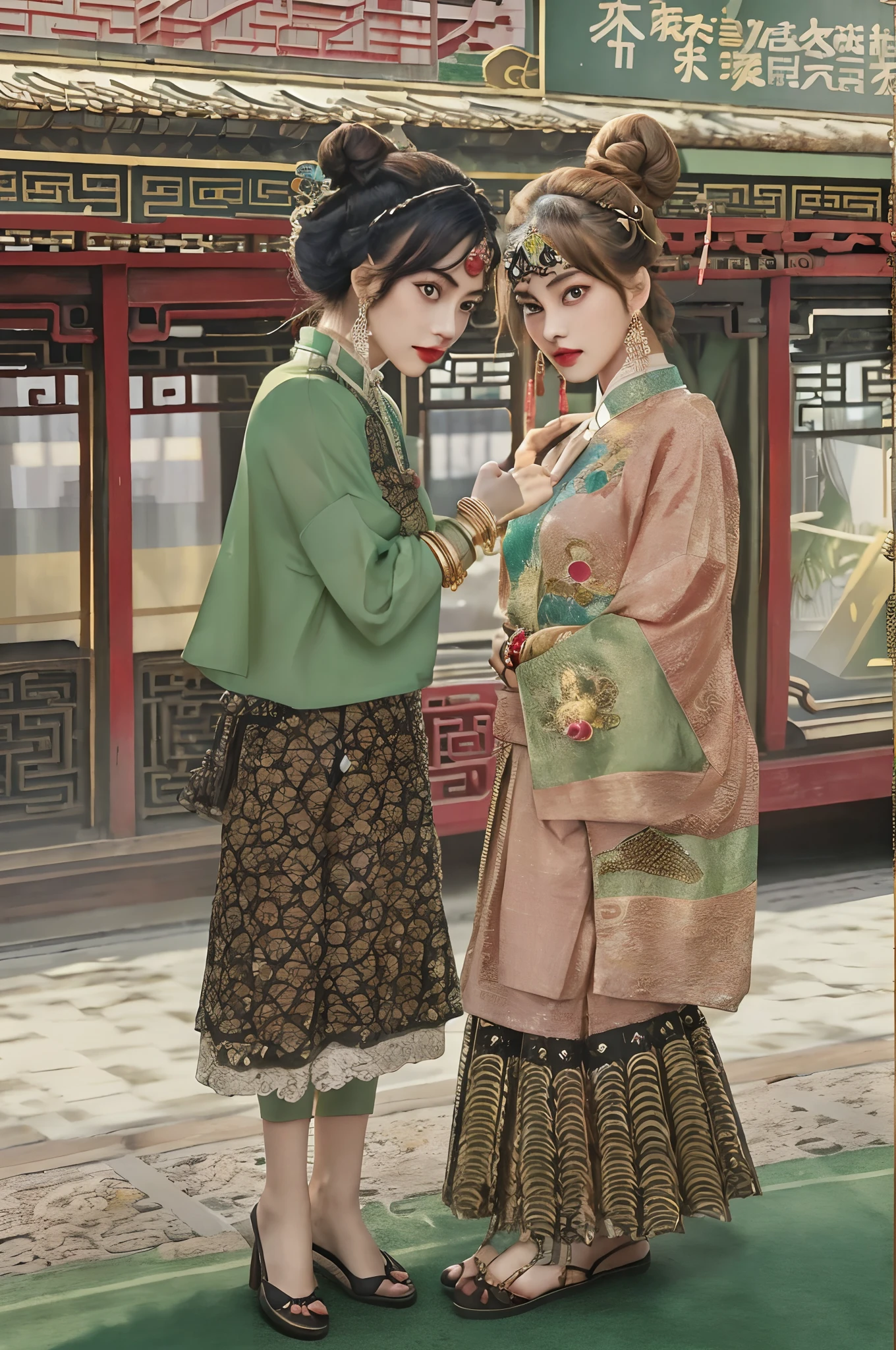 ((Realistic:1.5)),Ulzzang-6500:1.3，((Best quality)), ((Masterpiece)),((Detailed)),2girls,duo,railway station 1920's Shanghai,retro train background:1.4,{2 beautiful women}, (Upper body:1.3),(hair bun,Chinese retro hairpins:1.4),Hug and touch each other, Tease your friend's waist, Breathless friends, Biting a friend's earlobe, crouched,super wide shot,Face focus, Long legs,Curvy, Barefoot,Wide hips, Thin legs, Oversized eyes,Long eyelashes, (Detailed face,beautidful eyes, detailed pupils,detailed clothes features), (armlets, bangle:1.3),(Alebriès Art Style),Sharp,Perfect compounding, Intricate, Sharp focus, Dramatic,